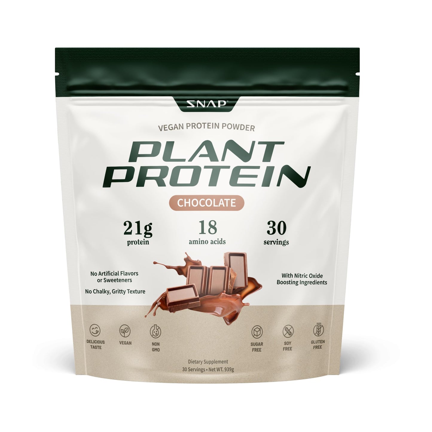 Snap Supplements Plant Based Vegan Protein Powder Chocolate, 30 Servings