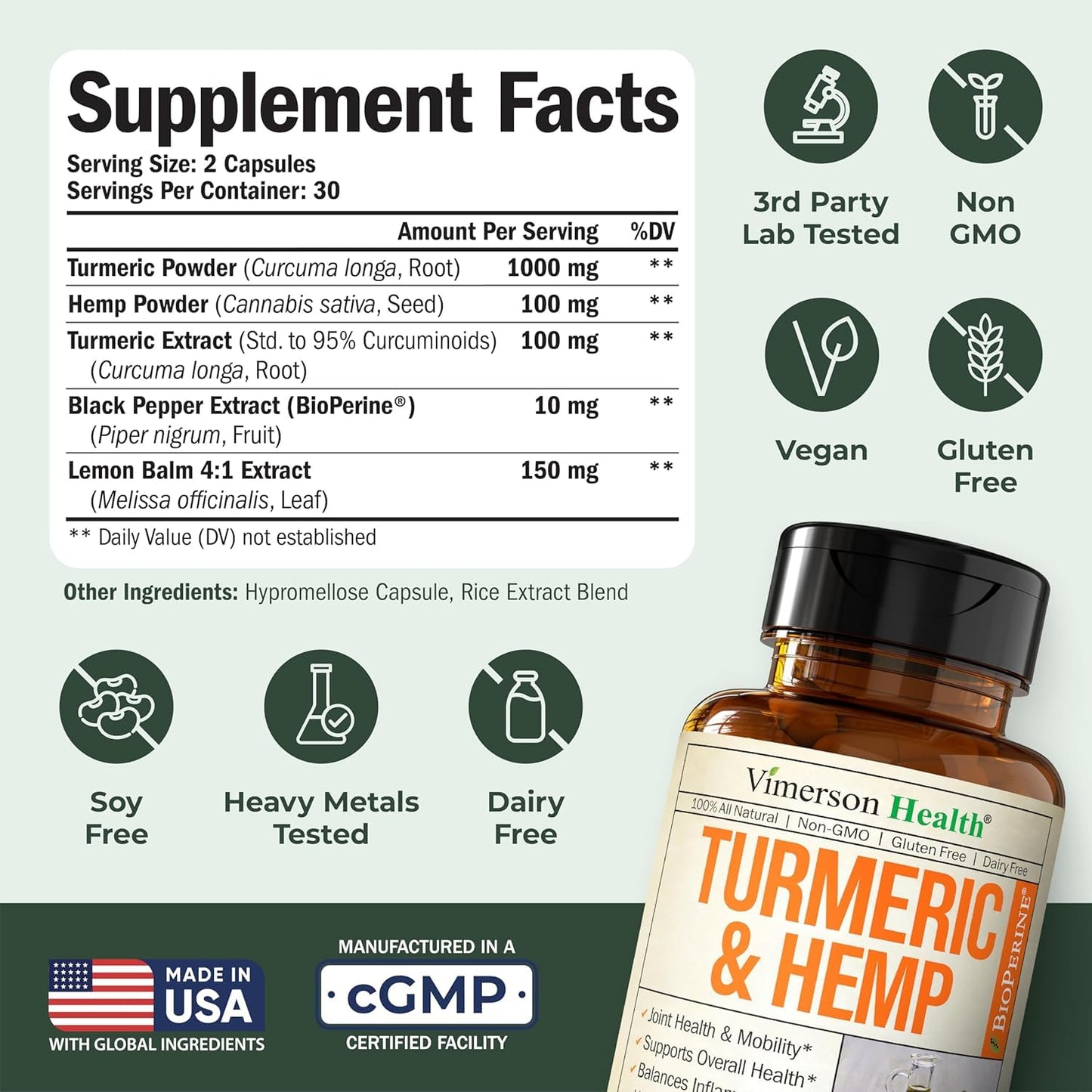 Vimerson Health Boswellia Turmeric Curcumin Supplement with Hemp Seeds & Lemon Balm Extract – Joint Health & Mobility – Black Pepper for Absorption – Natural Joint Supplement Capsule 120 Count