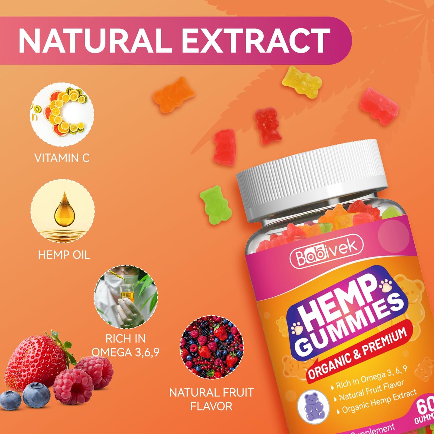 Babivek Hemp Gummies for Women & Men – Hemp Seed Oil Gummies, 120 Count