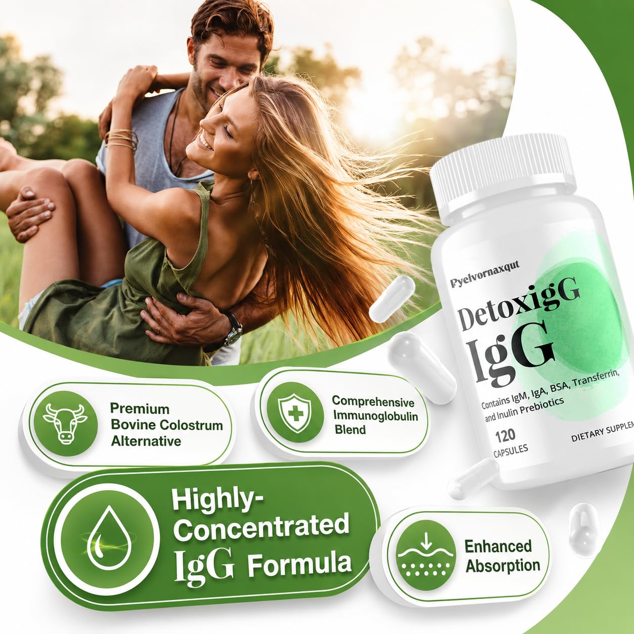 Pyelvornaxqut IgG Immunoglobulin Supplement - Bovine Colostrum Supplement Alternative - Dairy Free Bovine Immunoglobulin with IgM, IGA & Inulin Prebiotic Fiber 240 Capsules