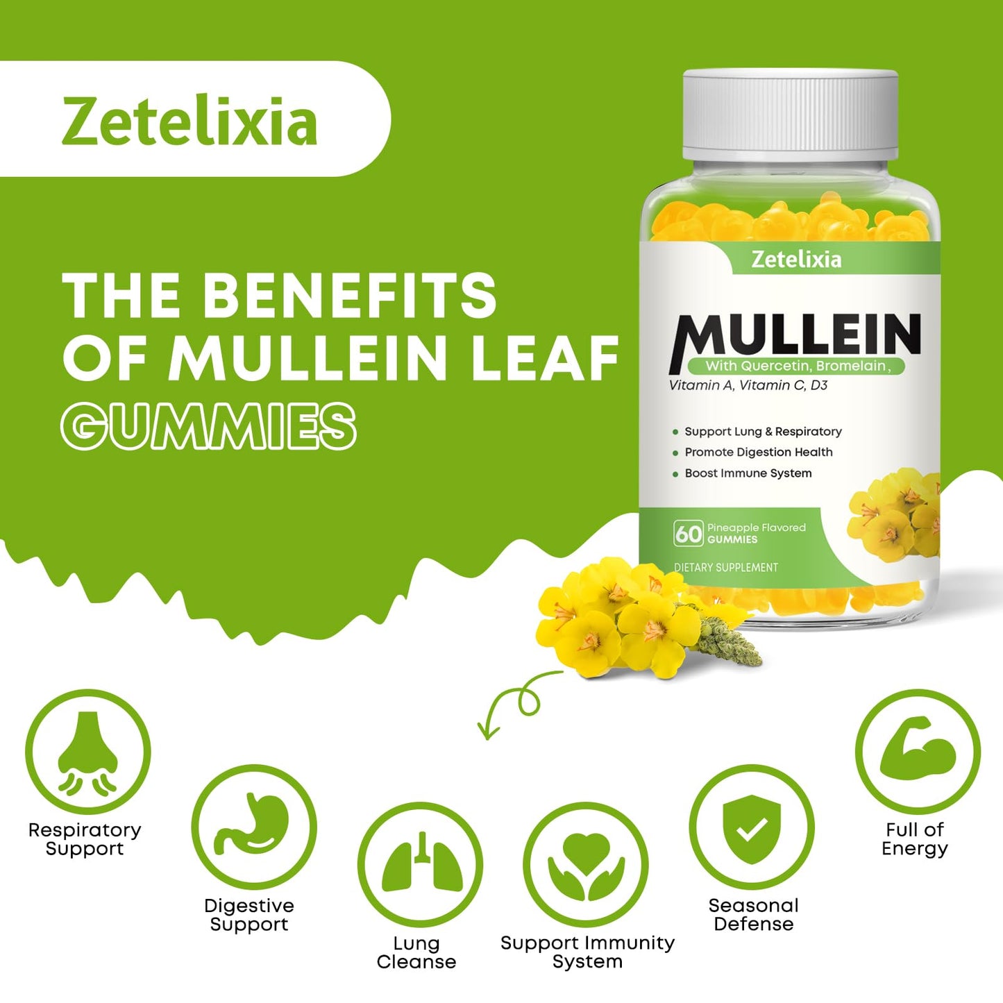 Zetelixia Mullein Gummies for Clear Lungs, 10 in 1 Mullein Leaf Extract for Lungs, Mullein Quercetin Gummies, Pineapple Flavor, 120 Gummies