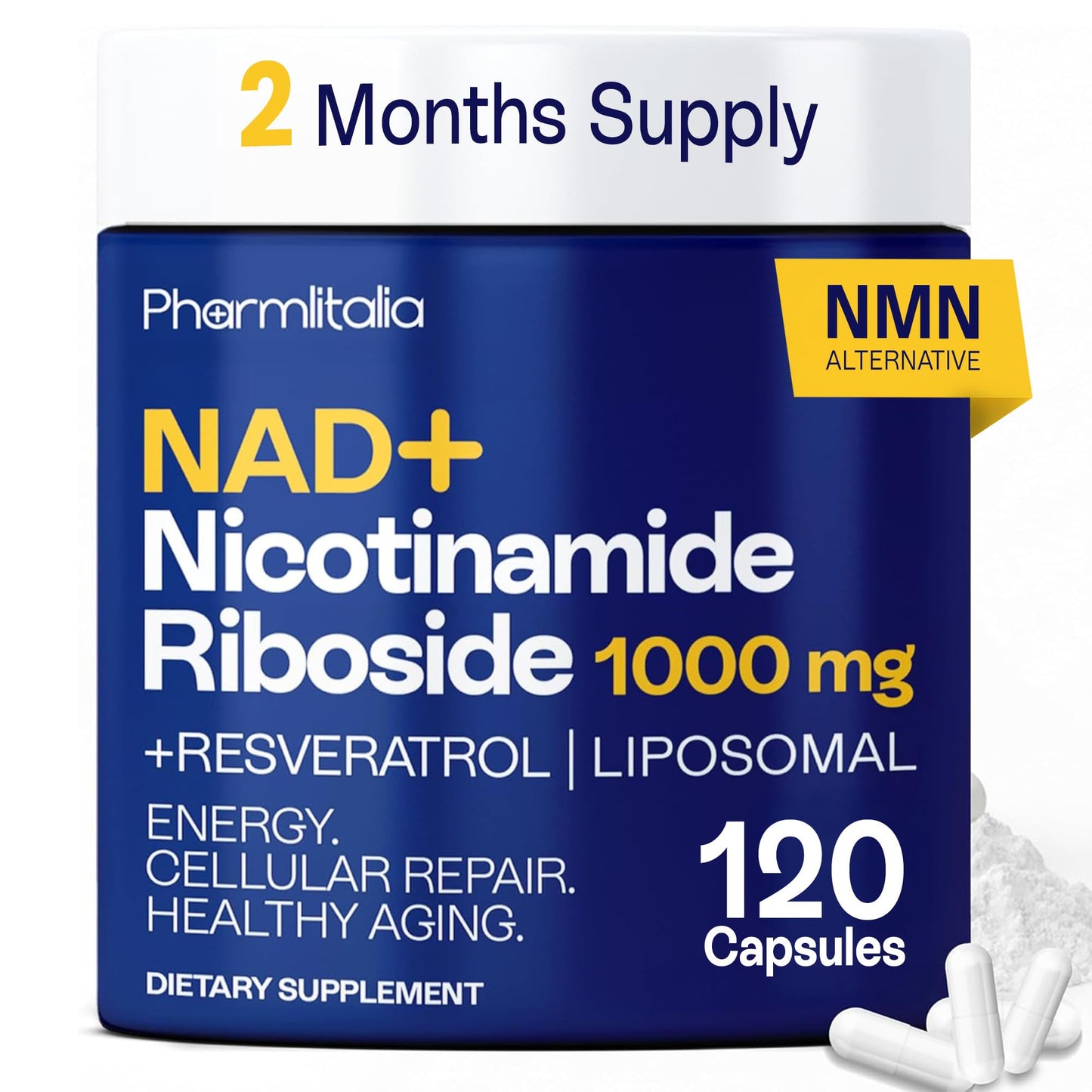 Pharmlitalia Liposomal NAD+ Supplement with Resveratrol Nicotinamide Riboside 1000 mg, NAD Supplements for Women & Men NMN Alternative, 120 Capsules