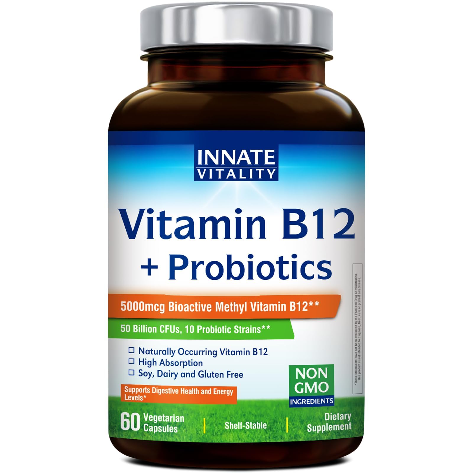 Innate Vitality Vitamin B12 & Probiotics Bioactive Methyl B12 5000 mcg with 50 Billion CFUs from 10 Probiotic Strains, for Gut, Immune & Energy, 60 Capsules