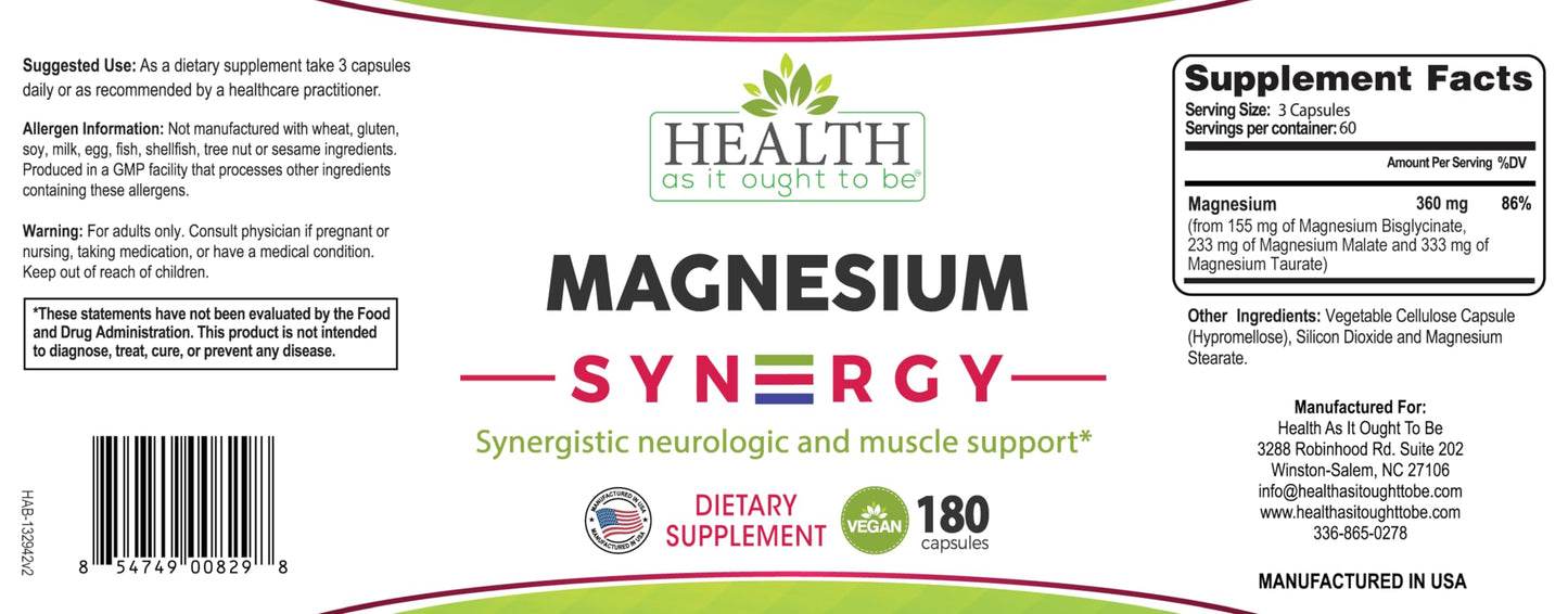 Health As It Ought To Be Magnesium Syn3rgy (Mag BisGlycinate, Mag Malate, Mag Taurate) Capsules, 180 Count