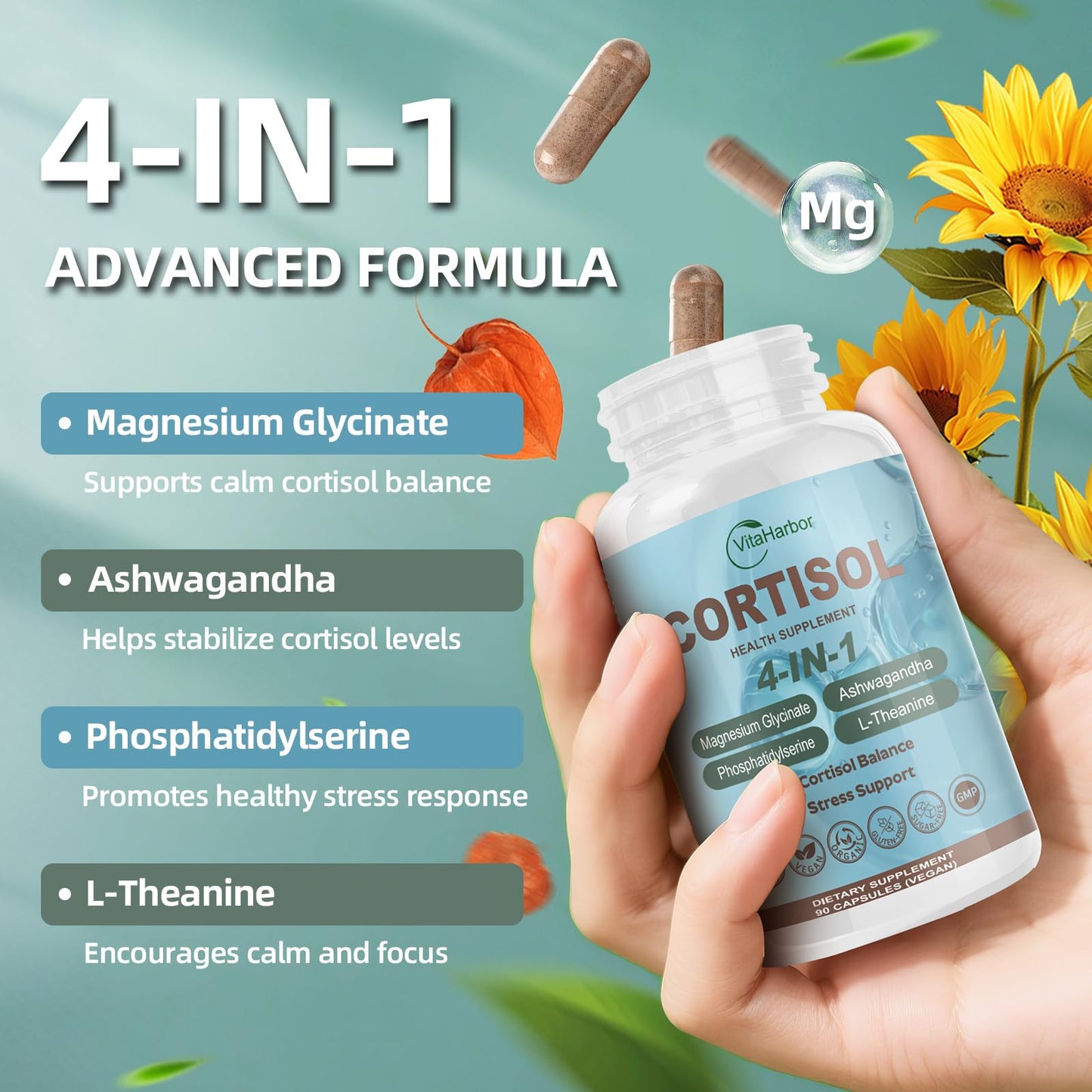 VitaHarbor Cortisol Supplement 4-in-1 Cortisol Reducer Capsules, 90 Veg Caps