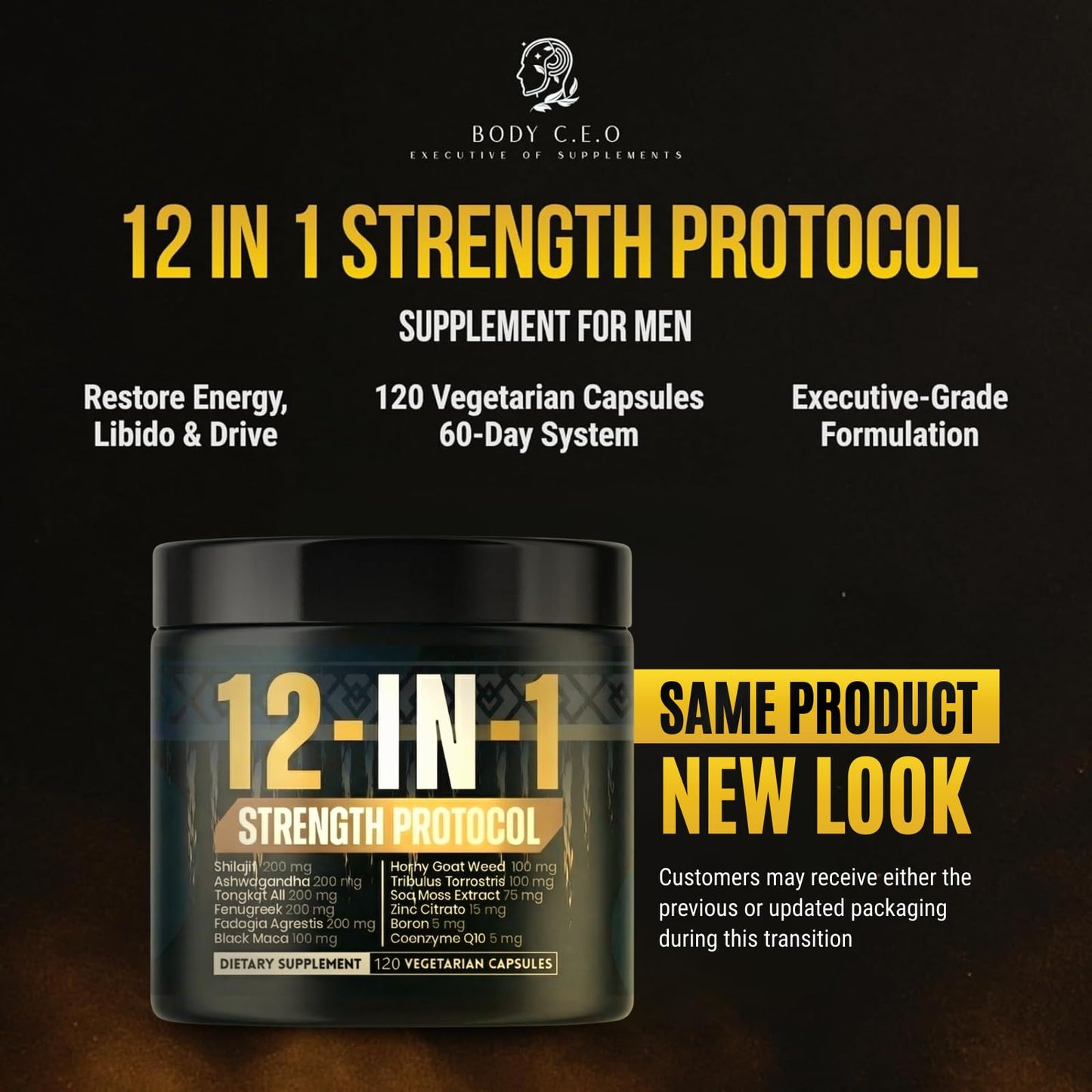 BODY C.E.O. EXECUTIVE OF SUPPLEMENTS 12-in-1 Strength Protocol for Men 1400mg Supplement with Shilajit, Ashwagandha, Tongkat Ali 120 Veggie Capsules