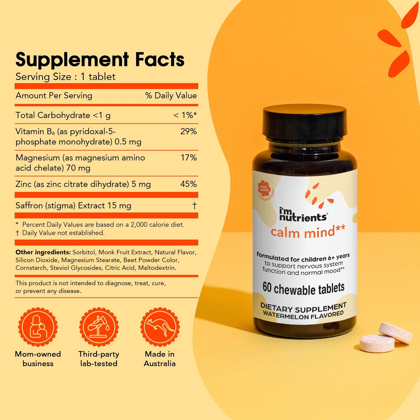 I'm Nutrients Calm Mind Saffron & Magnesium for Kids Chewable Tablets, 60 Tablets