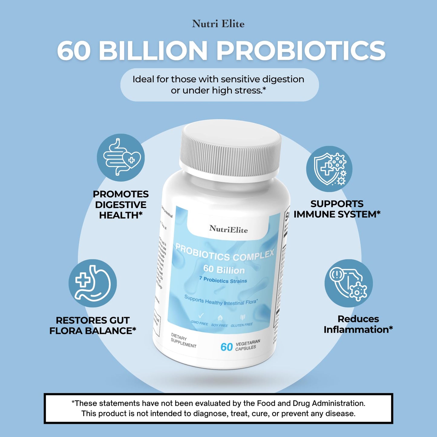 NUTRI ELITE 60 Billion CFU Probiotics Complex with 7 Strains, Capsules, 60 Count