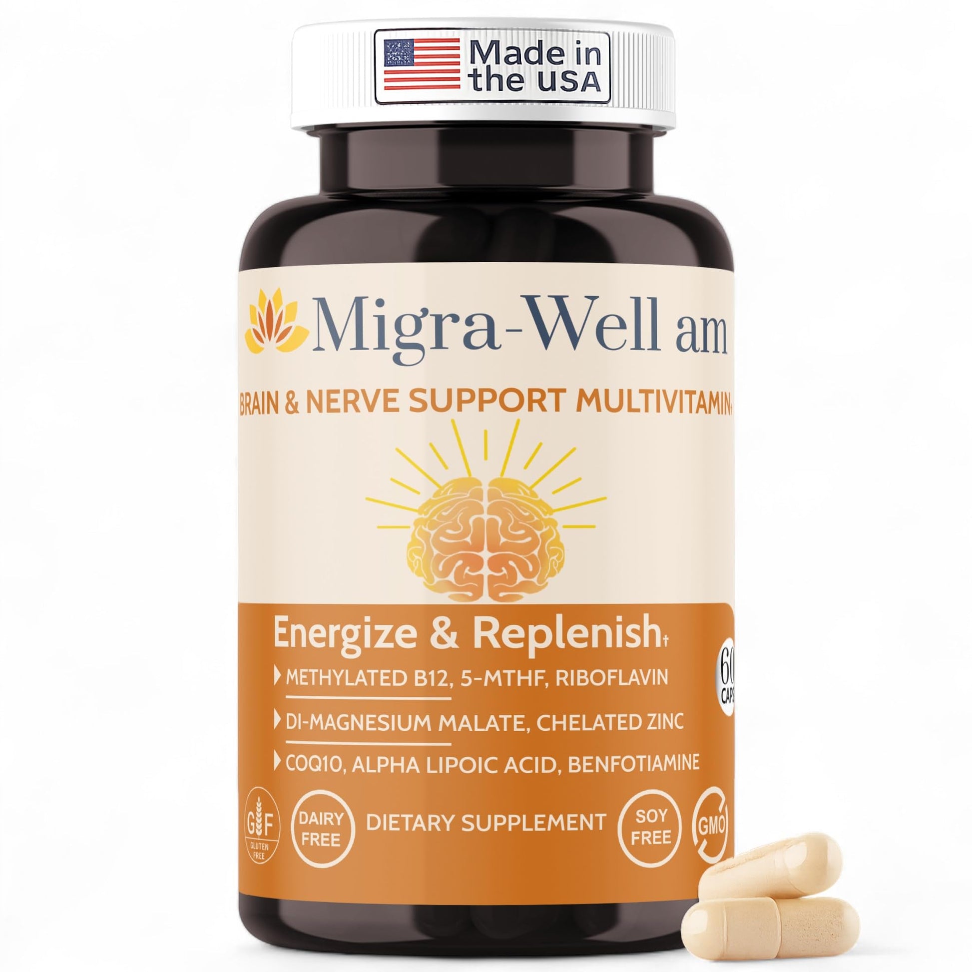 Wellkasa Migra-Well AM: Energizing Daily Methylated Multivitamin with Bioavailable Minerals & Antioxidants Supporting Brain & Nerve Health for Women and Men - Without Iron, 60 Capsules