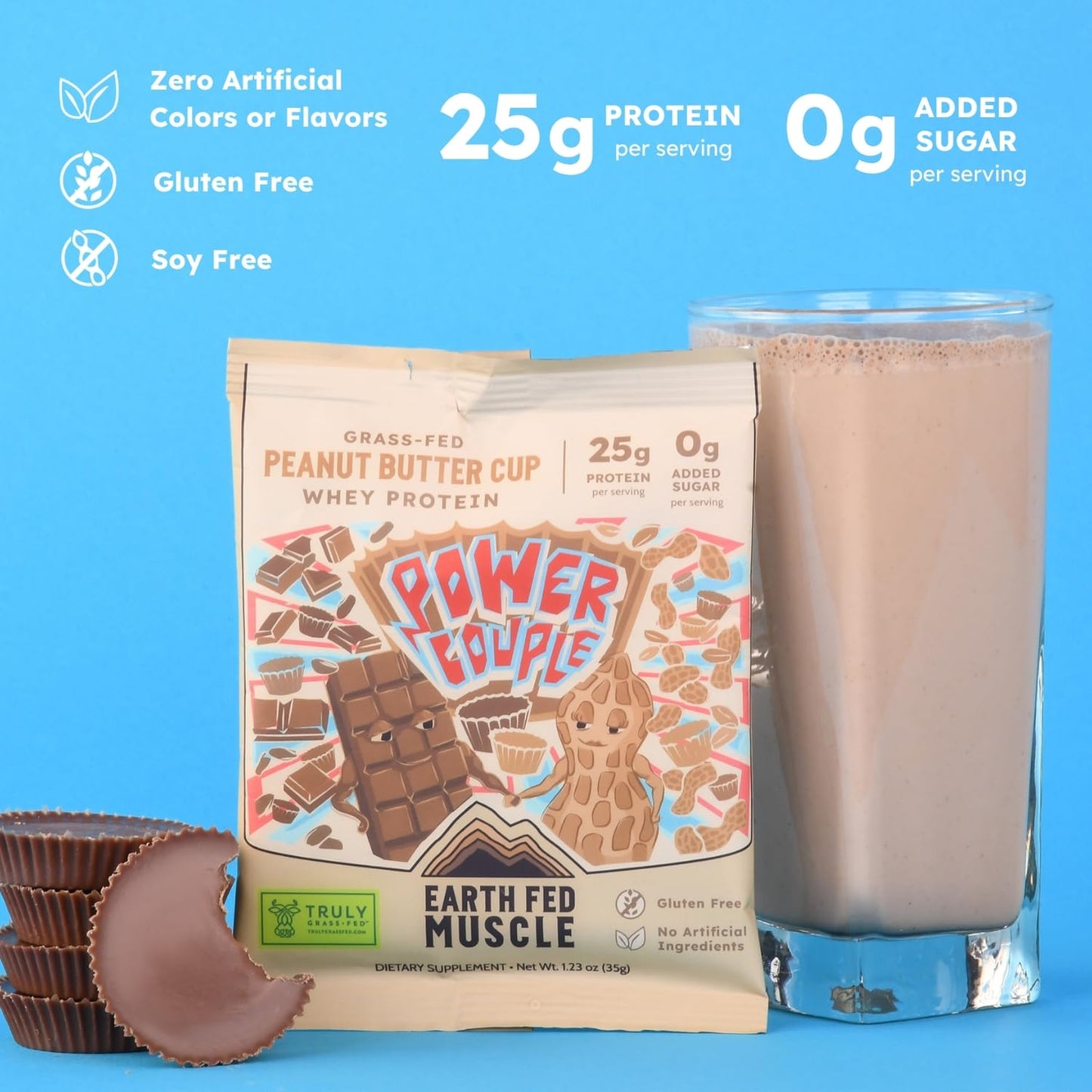 Earth Fed Muscle Peanut Butter Cup Irish Grass Fed Whey Protein Isolate Powder, 1.23 Ounce