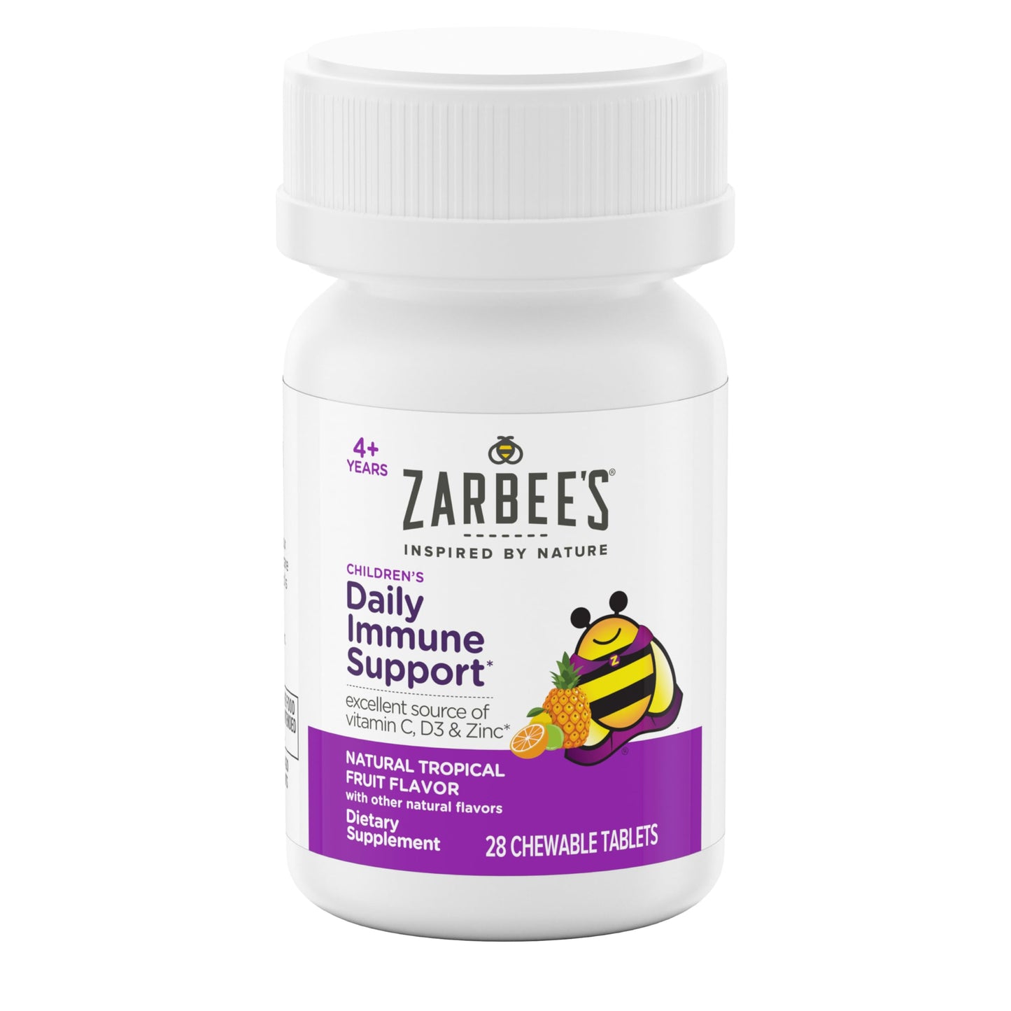 Zarbee's Kids Immune Support Vitamin C, D & Zinc Daily Immunity Vitamins for Children 4+ Years Chewable, 28 Tablets
