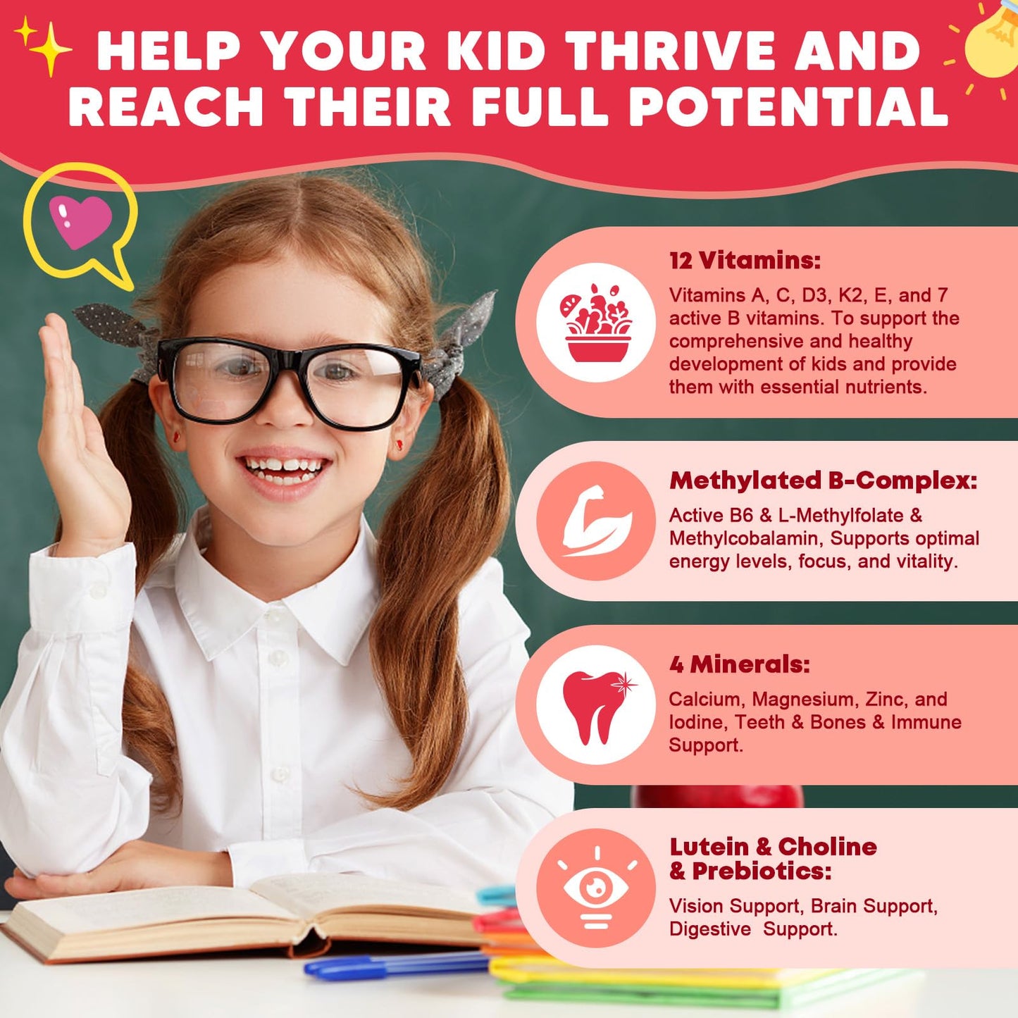 JIANKYTZ Calcium Multivitamin Gummies for Kids with Methyl B12 & Methylfolate, Vitamins C, D, A, B1, B2, B6, Biotin, Magnesium, Zinc, Immune & Bone Support, 60 Gummies