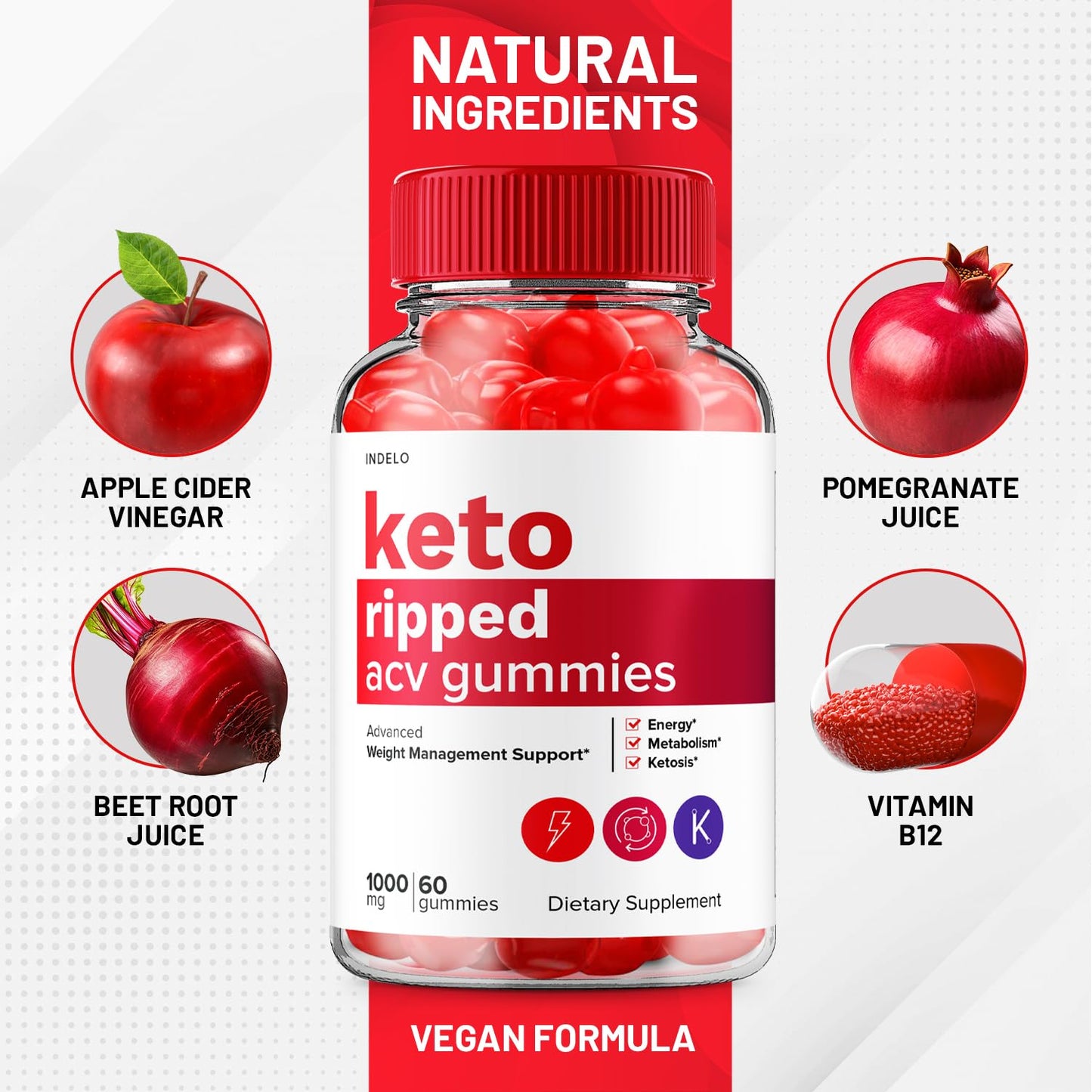 Indelo Keto Ripped ACV Gummies, 300 Gummies