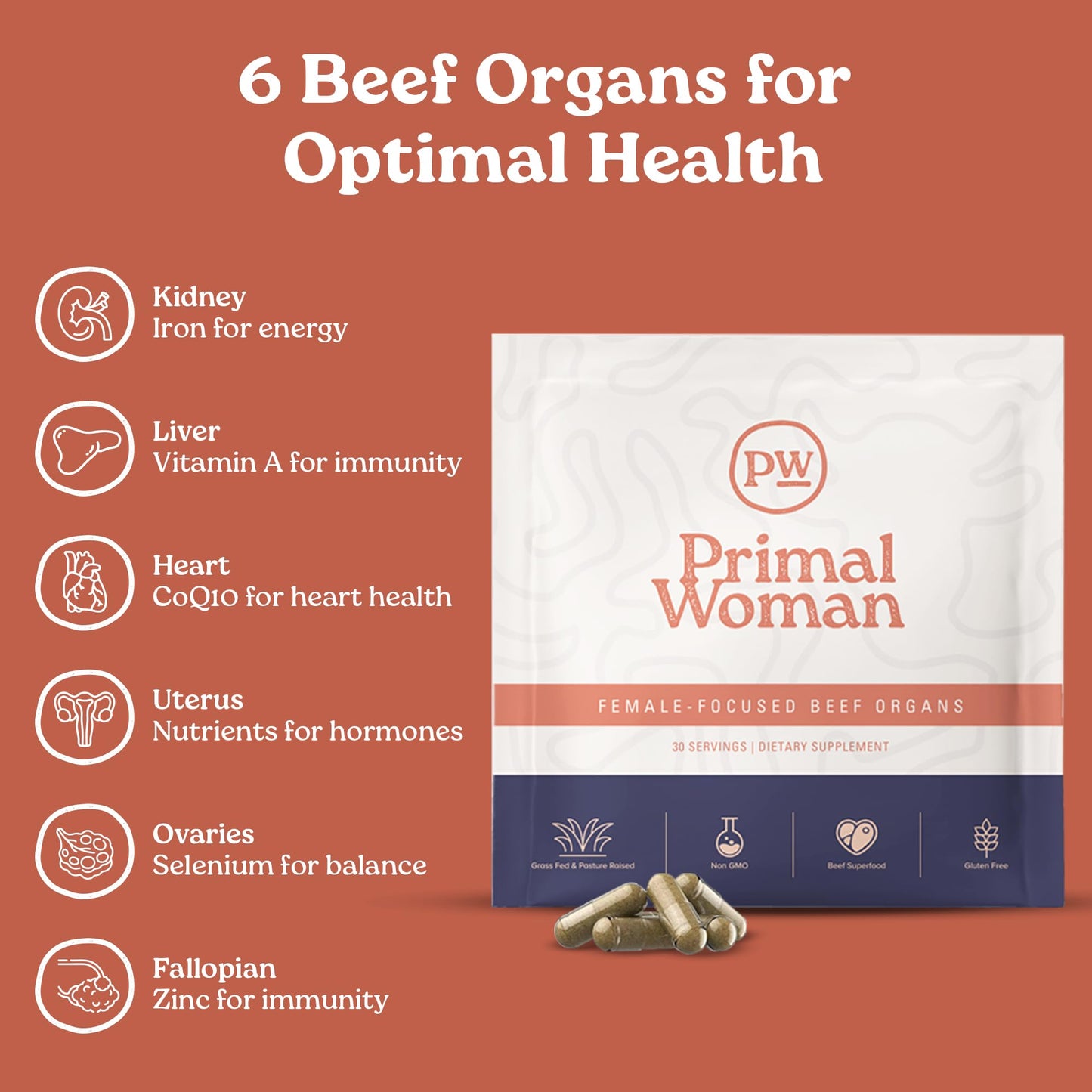 Primal Woman Beef Organ Liver Heart for Women, Grass-Fed Capsule, 60 Count