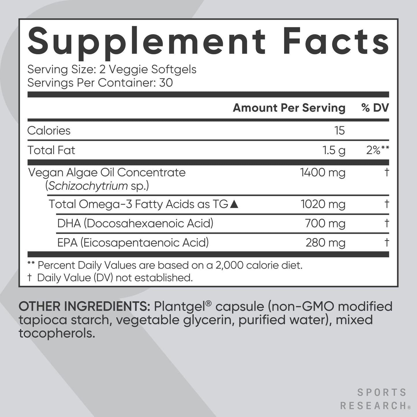 Sports Research Vegan Omega-3 Fish Oil Alternative from Algae Oil Veggie Softgels 60