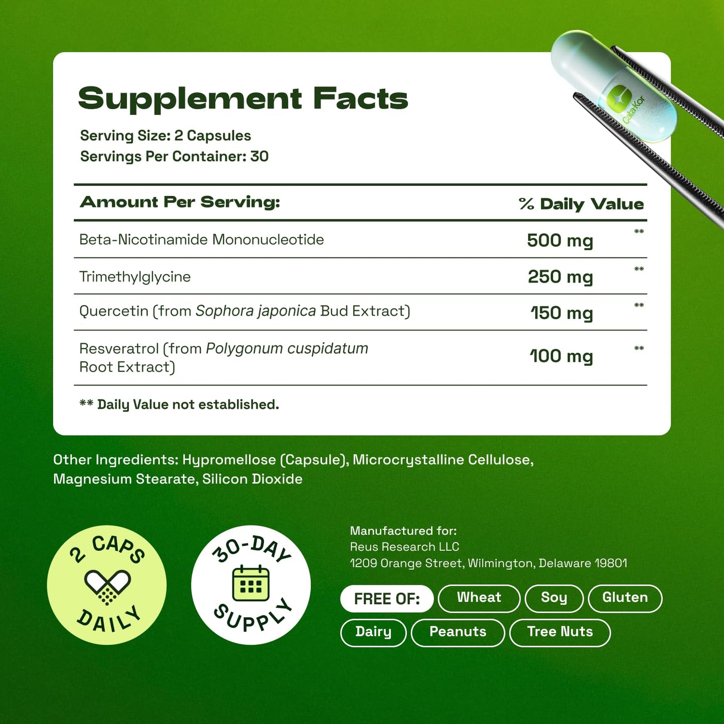 Cata-Kor NMN Supplement – 4-in-1 NAD Supplement with Quercetin, TMG & Resveratrol – NMNH Alternative – Supports Cellular Energy & NAD+ Level Capsule 60