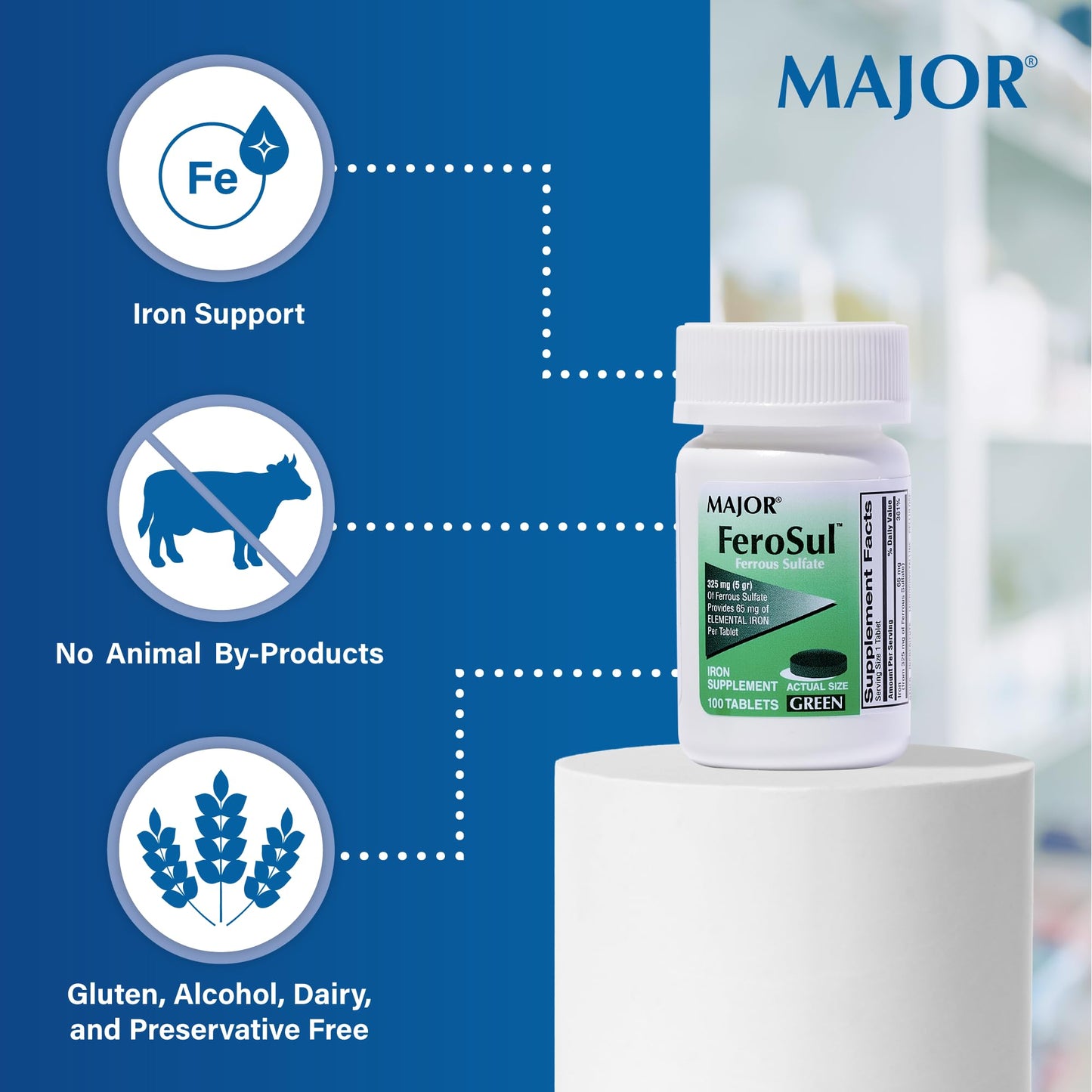 MAJOR Ferosul Ferrous Sulfate 325mg Tablets with 65mg Elemental Iron, Iron Supplement for Women and Men, 300 Count