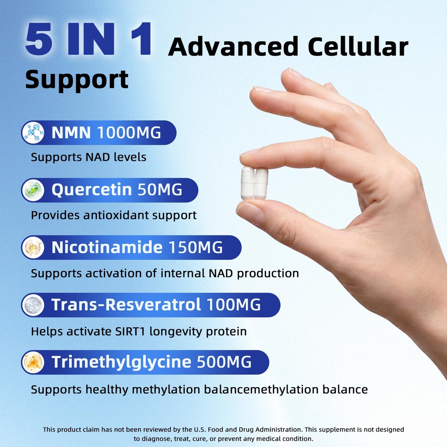 HUXINSK NMN Supplement 1000mg 4-in-1 Liposomal NMN for NAD+ Supplement Capsules 60 Capsules