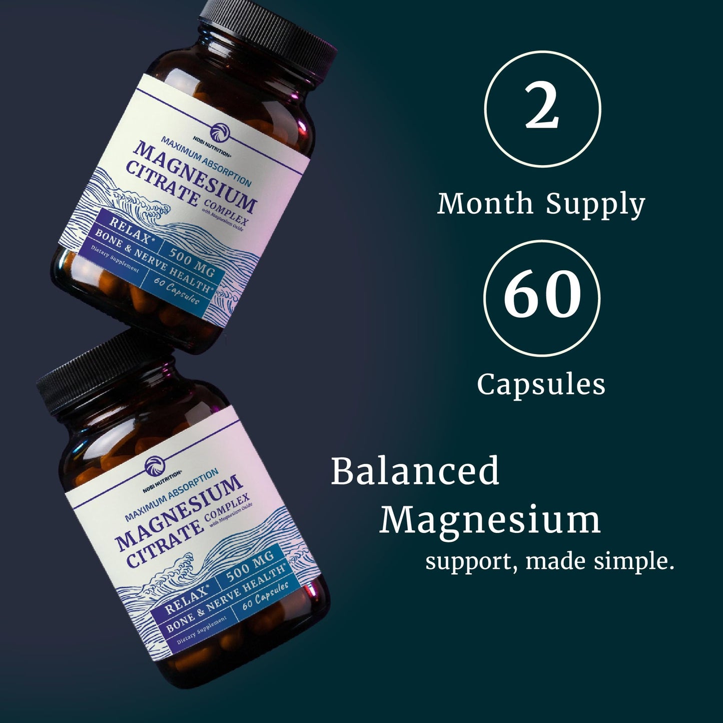 Nobi Nutrition Magnesium Citrate Complex 500 mg Capsules, Constipation, Calm & Relaxation Support, 60 Count