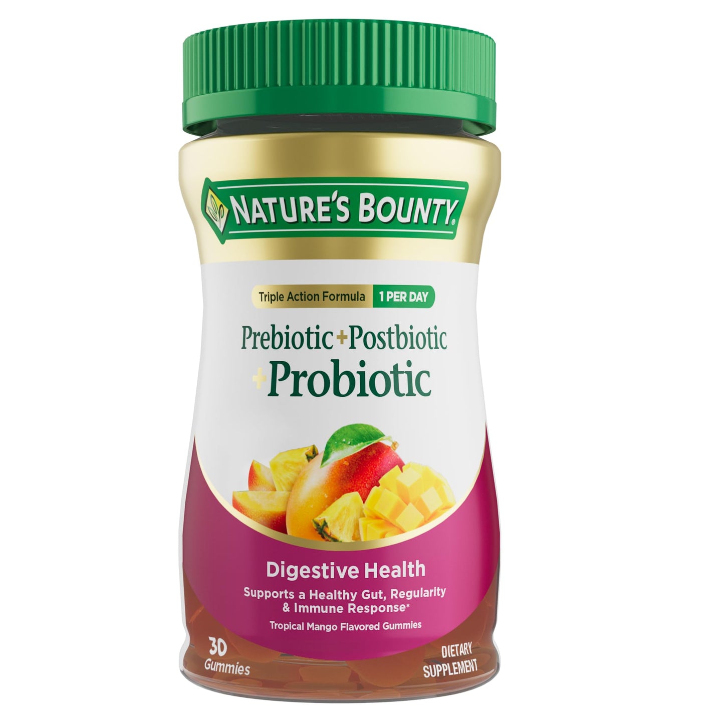 Nature's Bounty Pre + Pro + Postbiotic Gummies for Digestive Health, Immune Support - Probiotic Gummies for Gut Health, Tropical Mango Flavor Gummy 30 Count