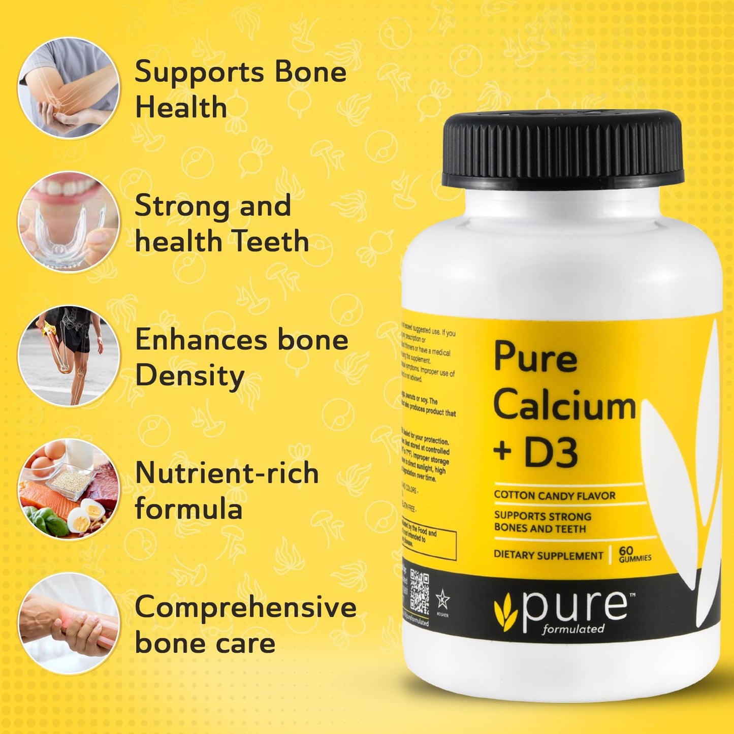 Pure Formulated Vegan Calcium with Vitamin D3 1000 IU, Strong Bones & Teeth Support, Gummy Chewable, 60 Gummies