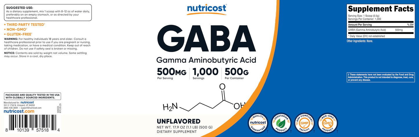 Nutricost Pure GABA (Gamma Aminobutyric Acid) Powder 35.274 oz