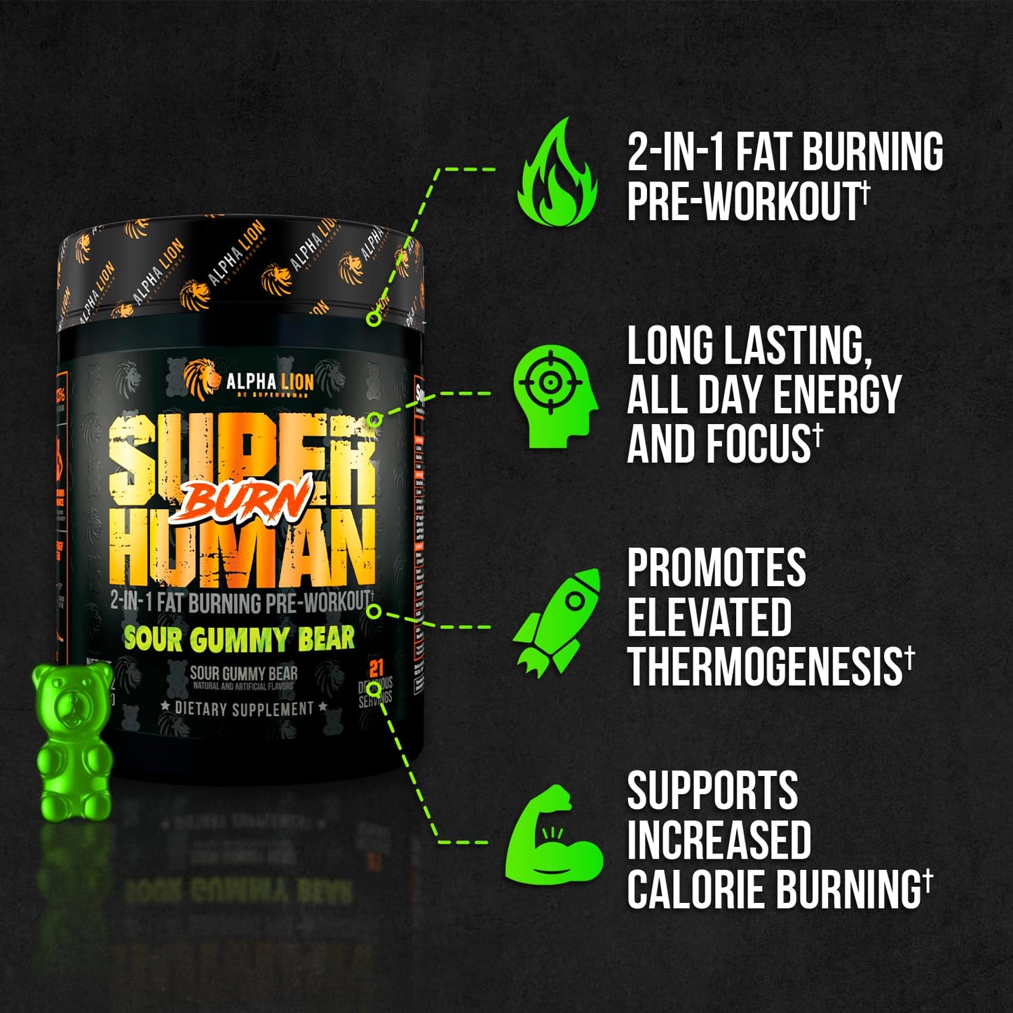 ALPHA LION Superhuman Burn 2-in-1 Metabolism Booster Pre Workout and Men's Thermogenic Fat Burner Sour Gummy Bear Hulk Juice Powder 10.96 Ounces
