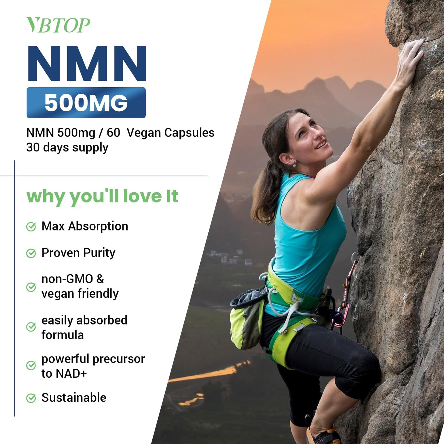 VBTOP NMN 500 mg Nicotinamide Mononucleotide Supplement, 60 Capsules