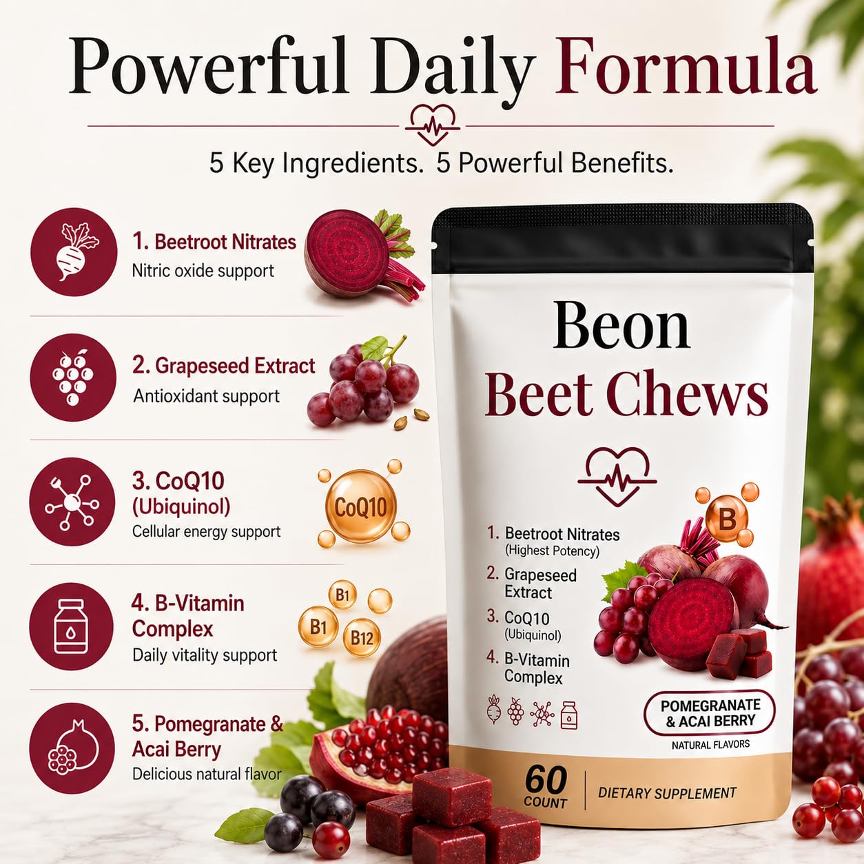 puyode Beon Beet Chews Gummies with Grape Seed & L-CoQ10 for Calm Mood, Free Vegan, 60 Chews