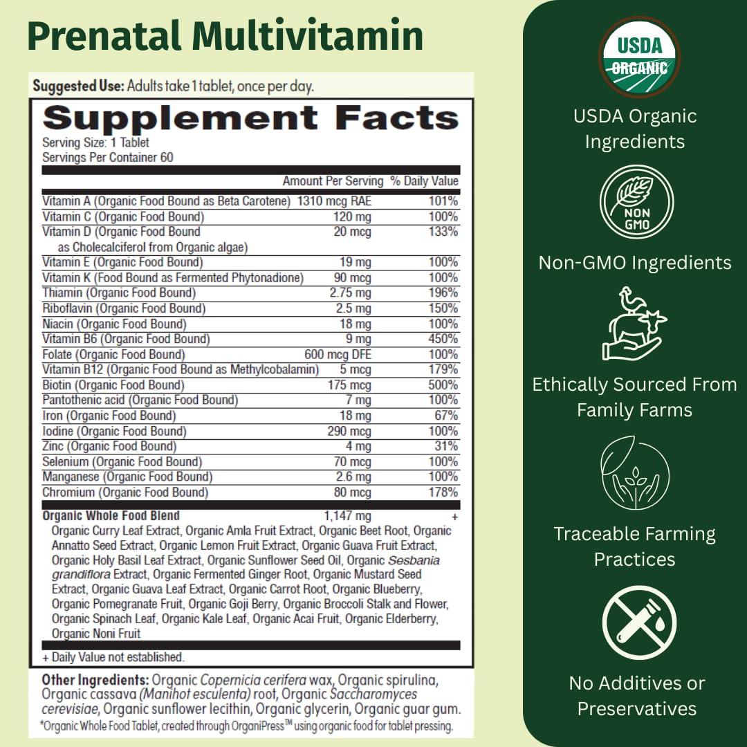 EarthFirst Organic Prenatal Once Daily Multivitamin for Women for Conception, Pregnancy, Postpartum & Breastfeeding, Folate, Iron & Organic Whole Food Blend, Vegan Tablets, 30 Count
