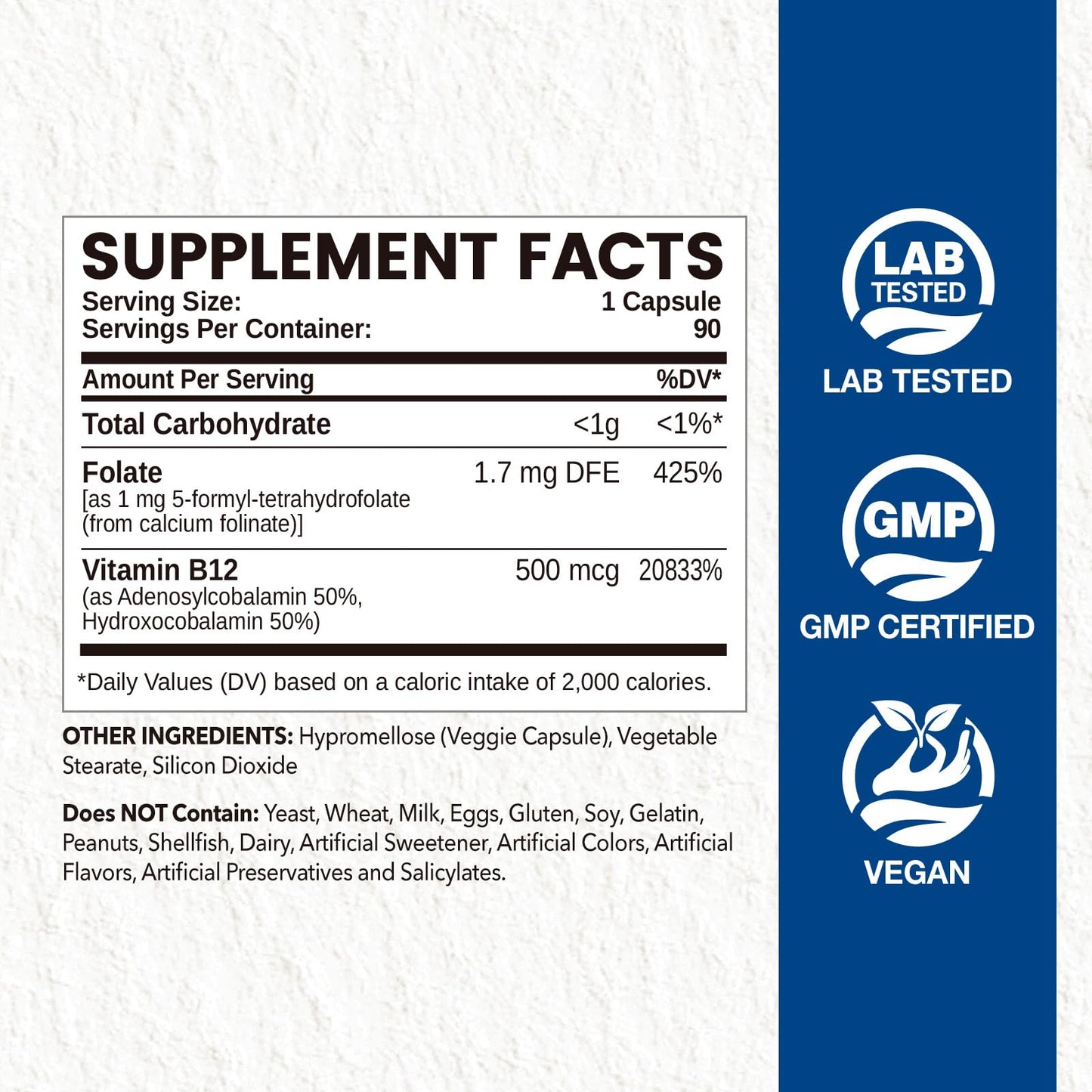 NATISLAND Active Folate (Folinic Acid 1000 mcg) + B12 500 mcg (Adenosyl & Hydroxo) Capsule, 90 Count