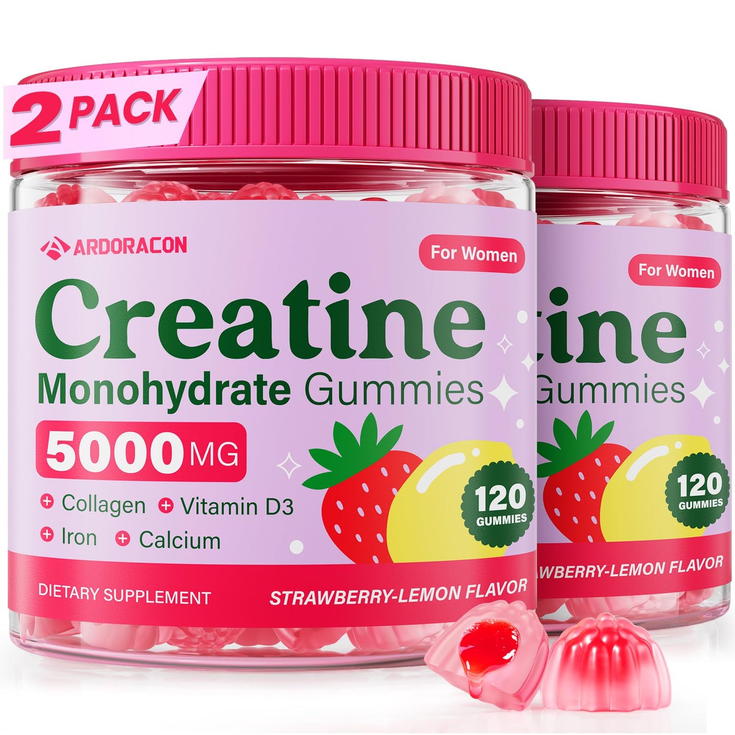 ARDORACON Creatine Monohydrate Gummies with Collagen, Vitamin D3 & Calcium, Sugar Free, 240 Gummies