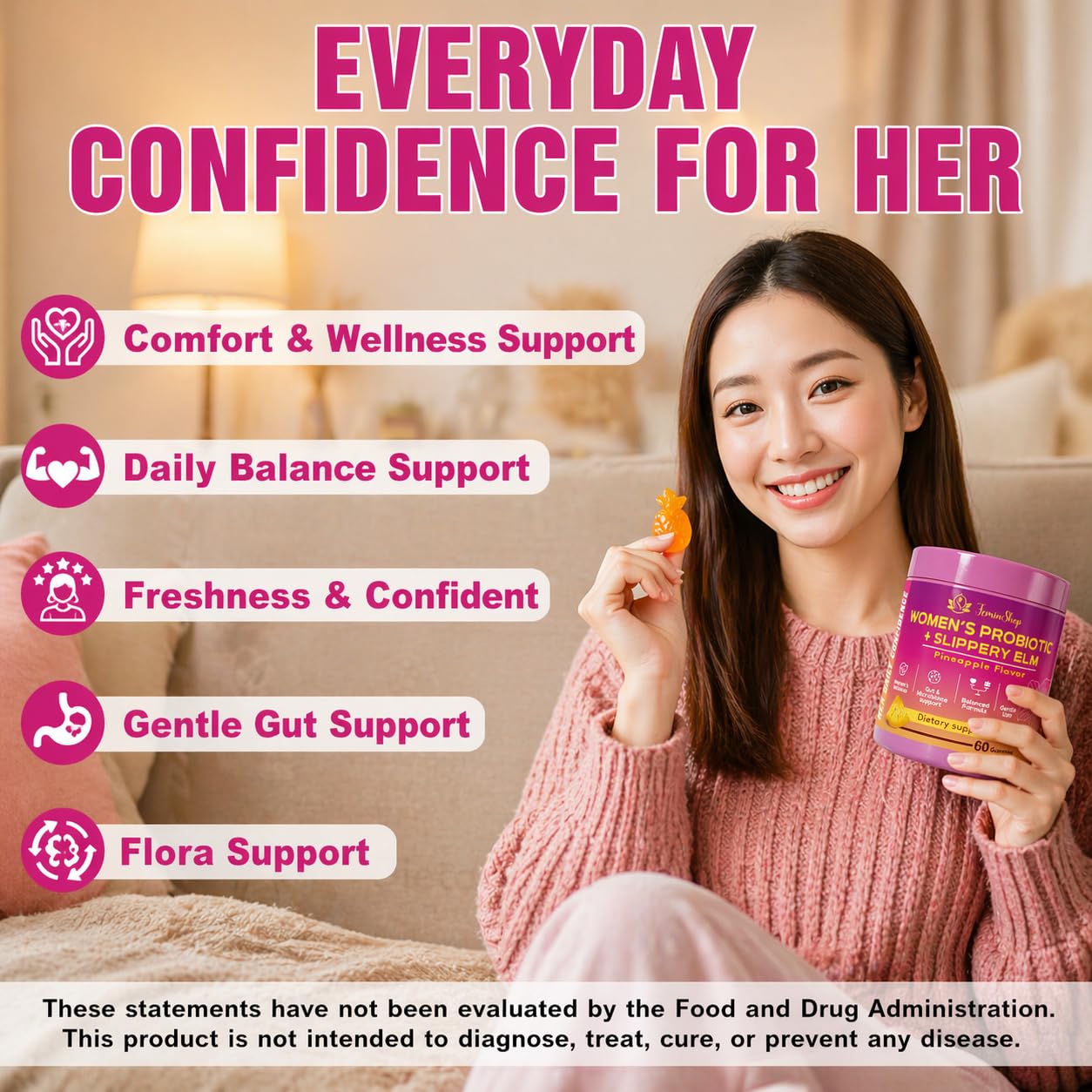 AJO MERCHANDISE Her Juicy Women’s Probiotic Gummies with Slippery Elm & Prebiotic XOS, Lactobacillus Blend, Support pH Balance for Women, Pineapple Flavor, 60 Gummies