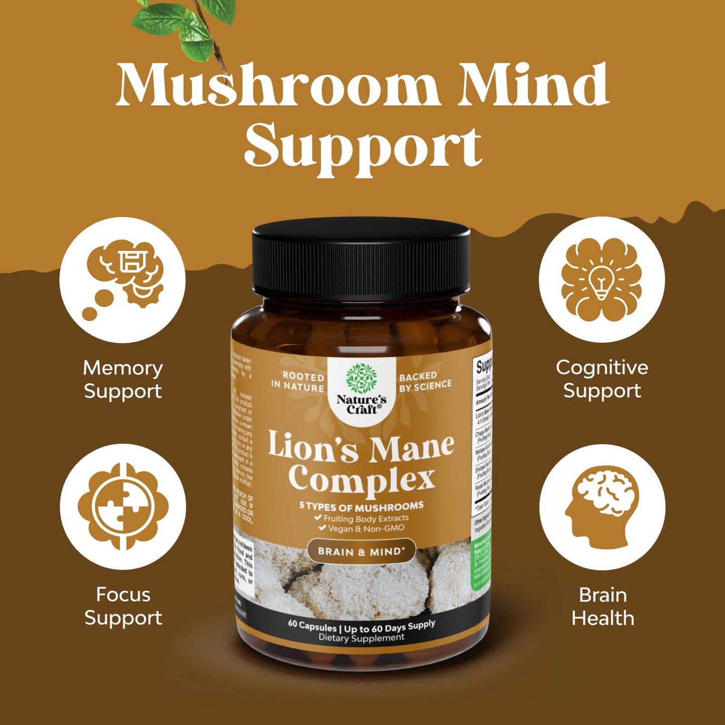 Natures Craft Lion's Mane Mushroom Supplement Capsules, 60 Capsules
