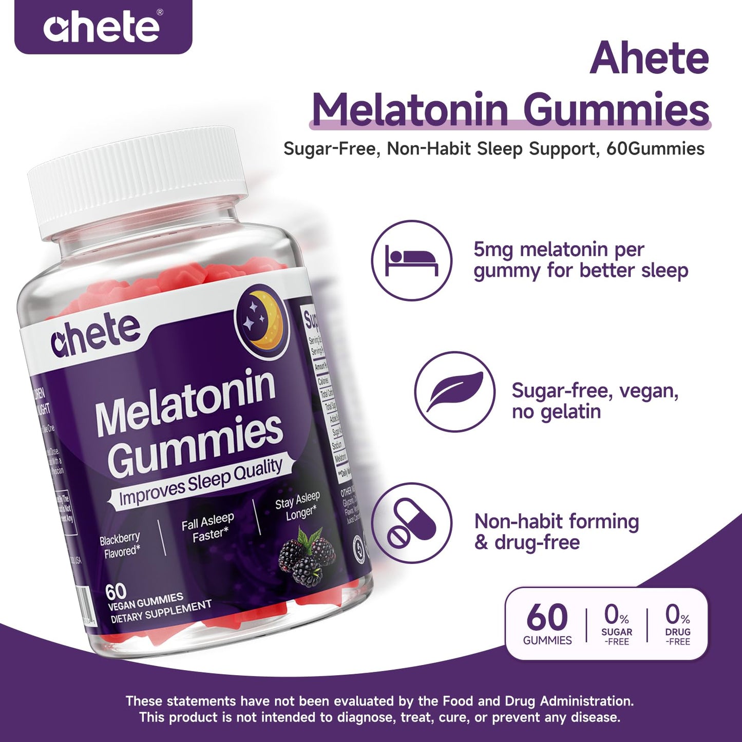 Ahete Melatonin 5mg Gummies, 120 Gummies