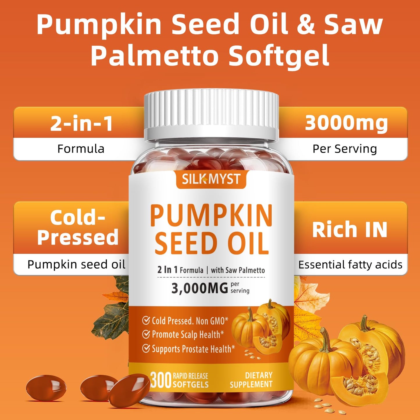SILKMYST Pumpkin Seed Oil with Saw Palmetto, 300 Softgels