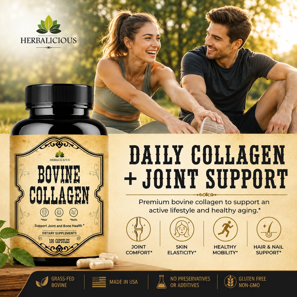 HERBALICIOUS Bovine Collagen Supplements for Men and Women 100 Capsules