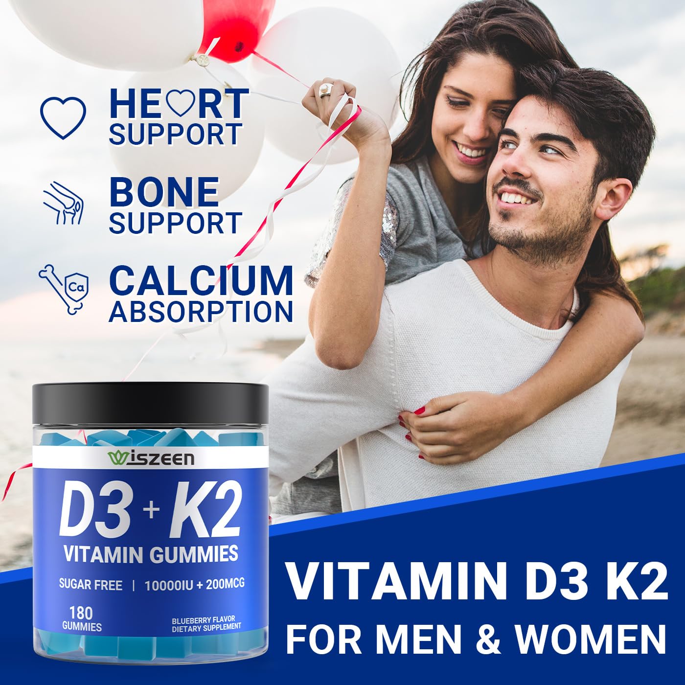 Wiszeen Vitamin D3 K2 Gummies, Vitamin D3 10000 IU & Vitamin K2 (MK-7) 200 mcg, 180 Count