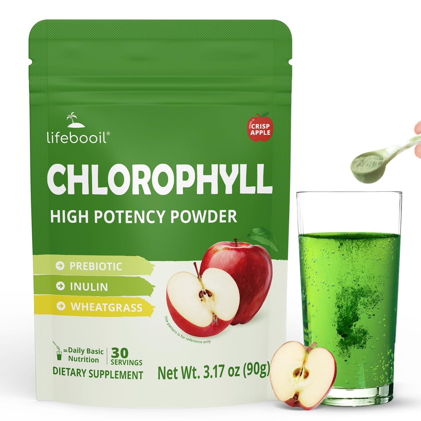 Lifebooil Chlorophyll Powder, 3.17 Ounce, 120mg Clorofila for Drinking – Supports Alkalization, Gut Health & Clean Energy – 30 Servings (Crisp Apple)