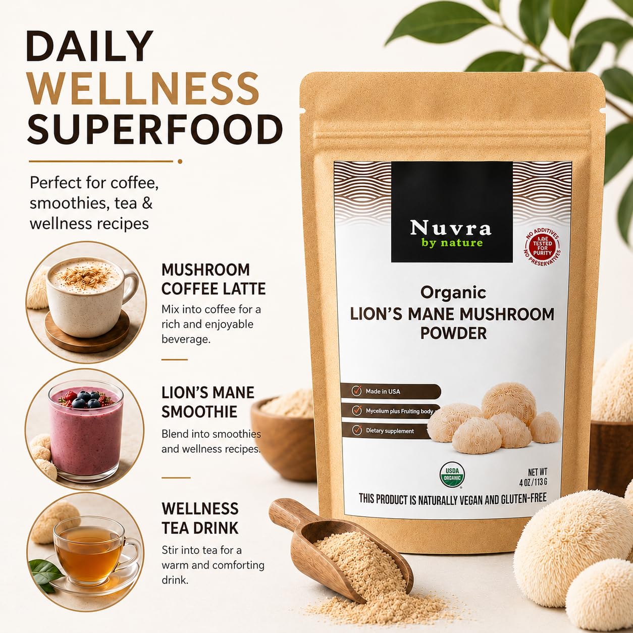 Nuvra by Nature Lion’s Mane Mushroom Powder, 4 oz, 1 Count