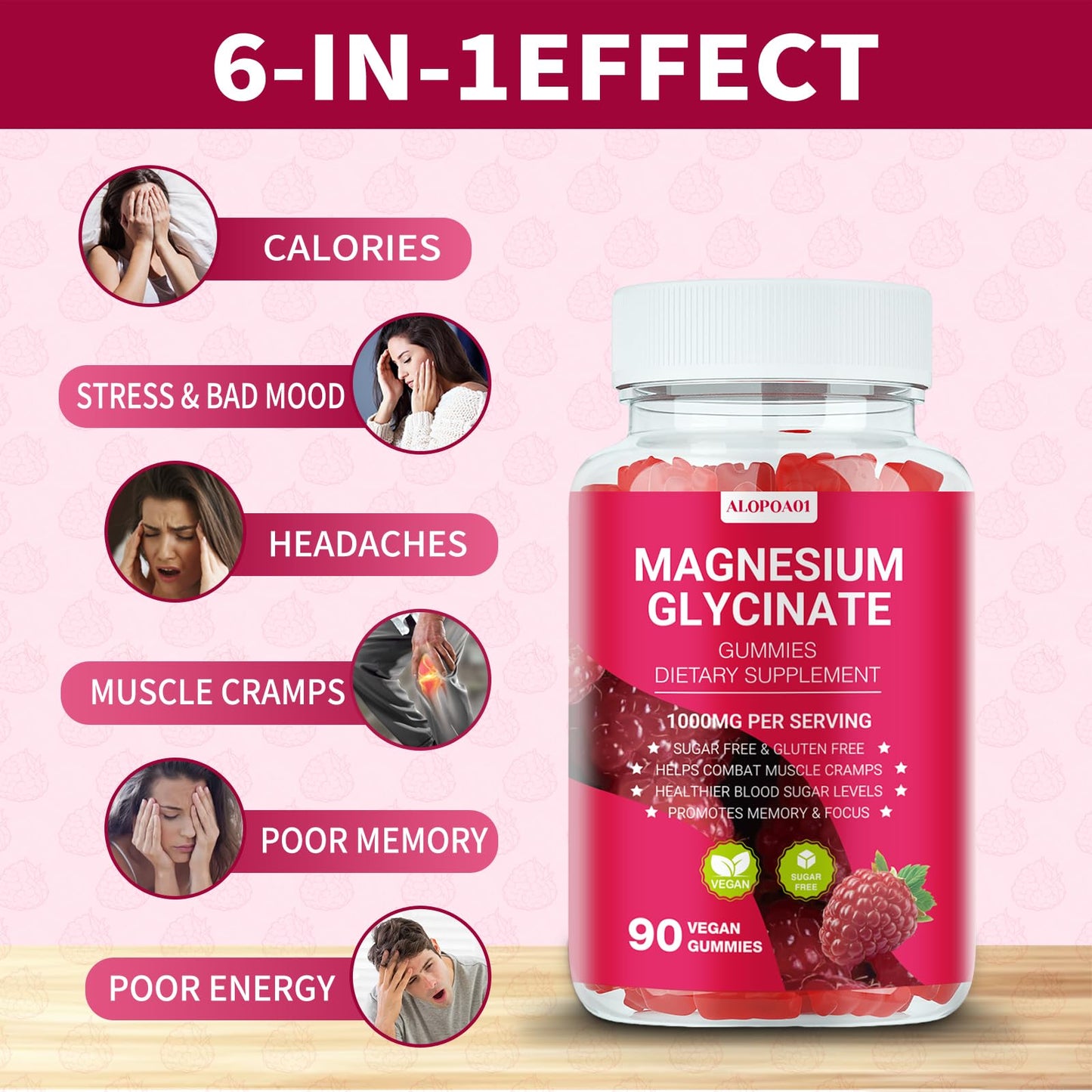 ALOPOA01 Magnesium Glycinate Gummies 1000mg, Non-GMO, Gluten-Free, Raspberry Flavor, 90 Count