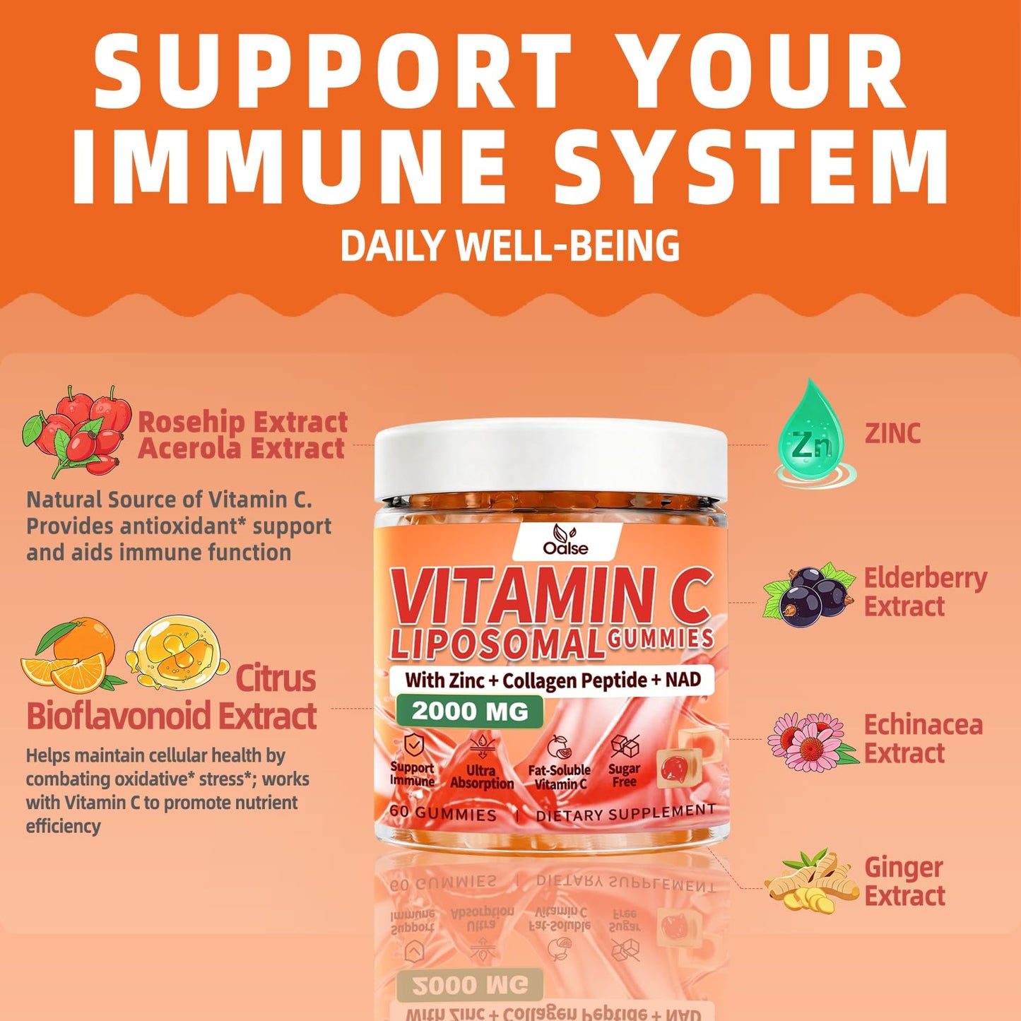 OALSE 2000mg Liposomal Vitamin C Gummies with Elderberry and Zinc, 60 Gummies