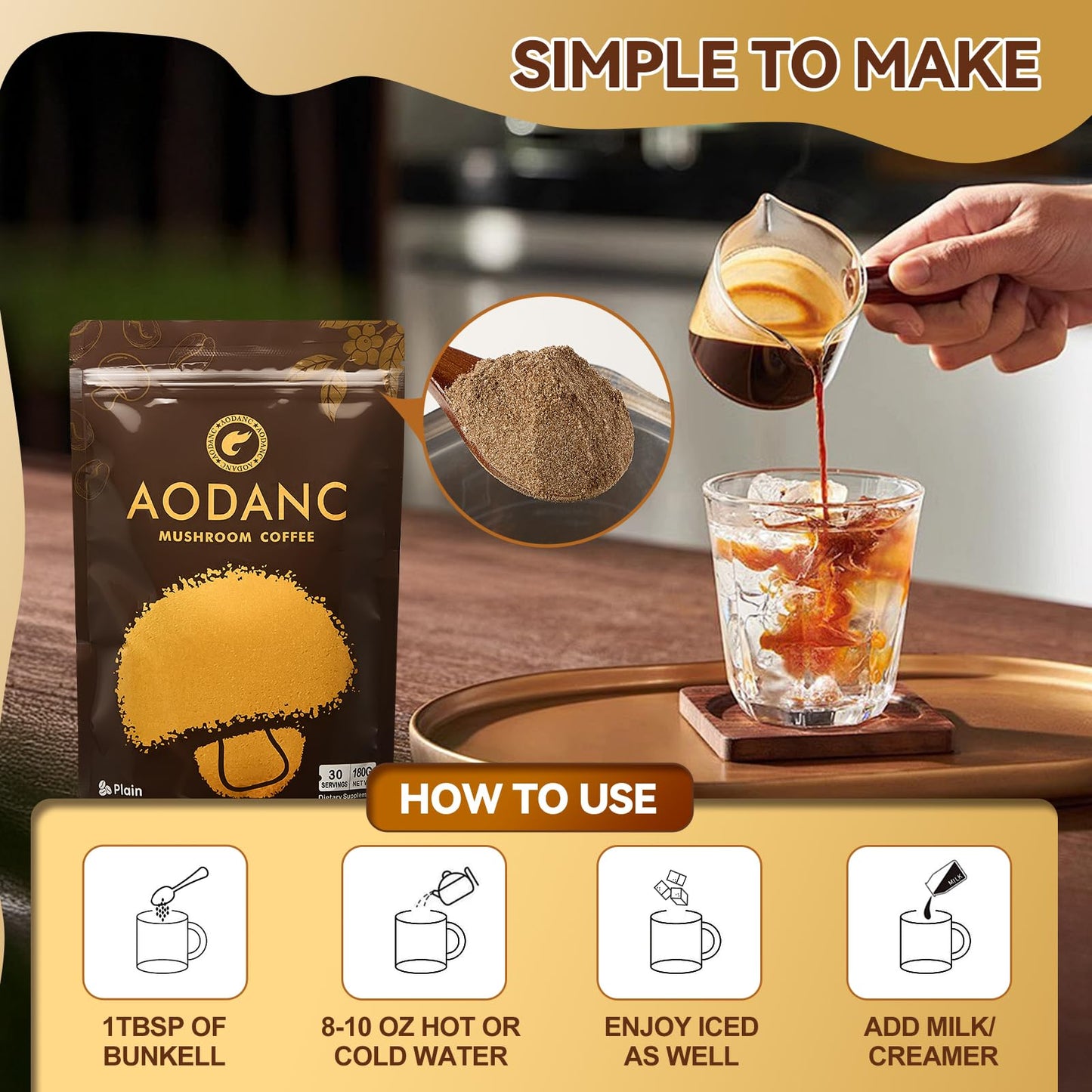 AODANC Mushroom Coffee Blend Powder, 6.35 oz