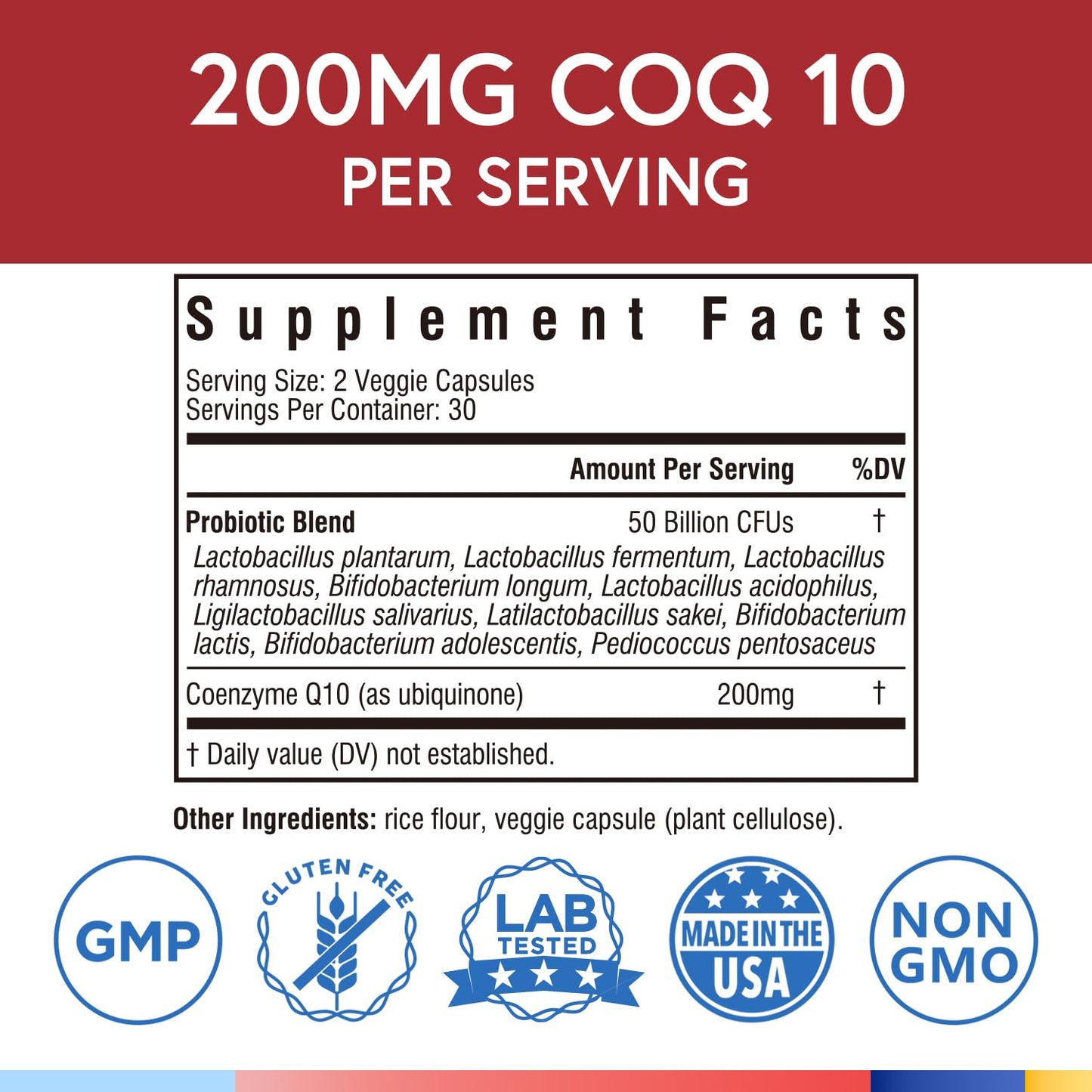 Terranics CoQ10 Probiotics for Women & Men, CoQ10 200 mg, 50 Billion CFUs, 10 Probiotic Strains, for Energy, Heart & Digestive Health, 60 Vegetarian Capsules