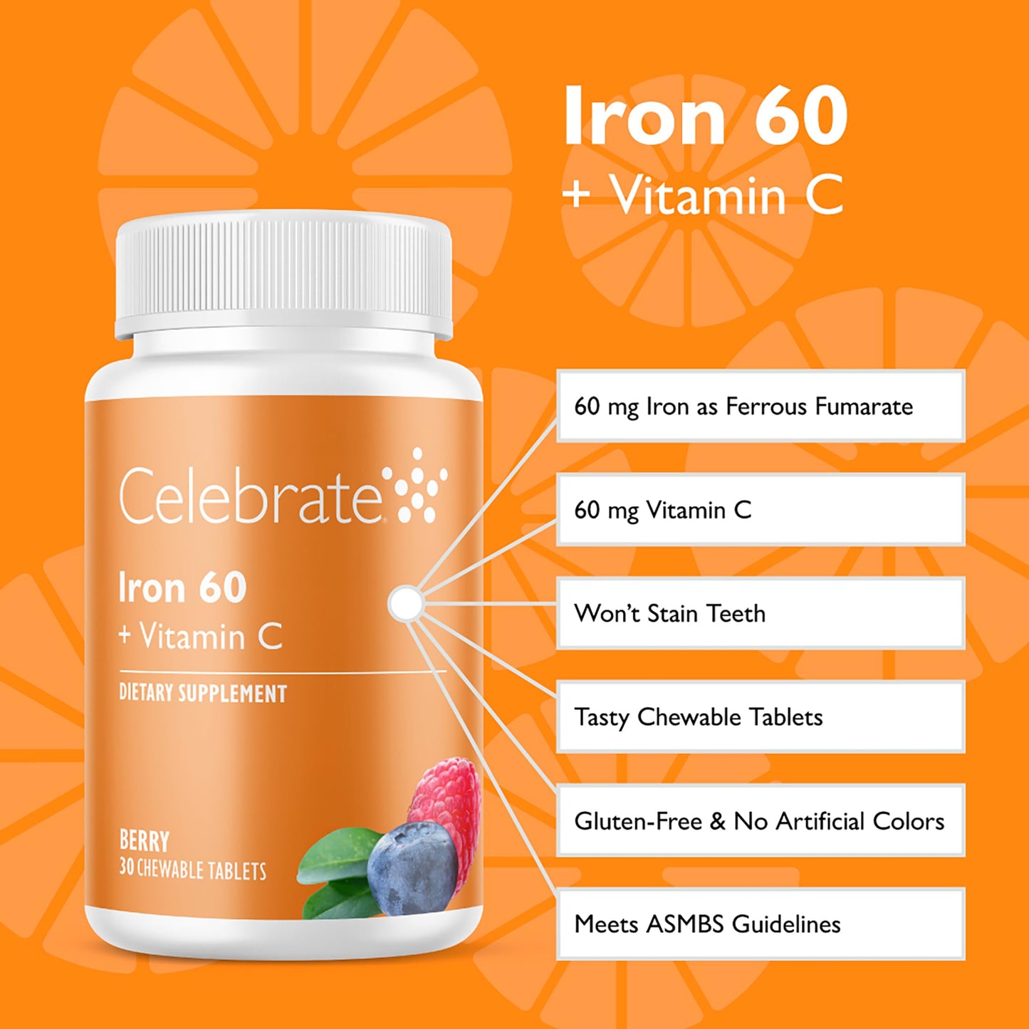 Celebrate Bariatric Supplements Iron Supplement with 60mg Iron & Vitamin C Tablet 30 Tablets