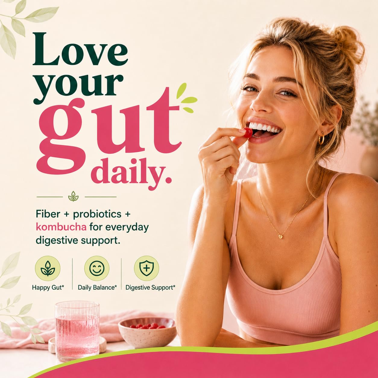 ZIPINKJ Probiotic Kombucha Fiber Gummies, Gummy, 60 Count