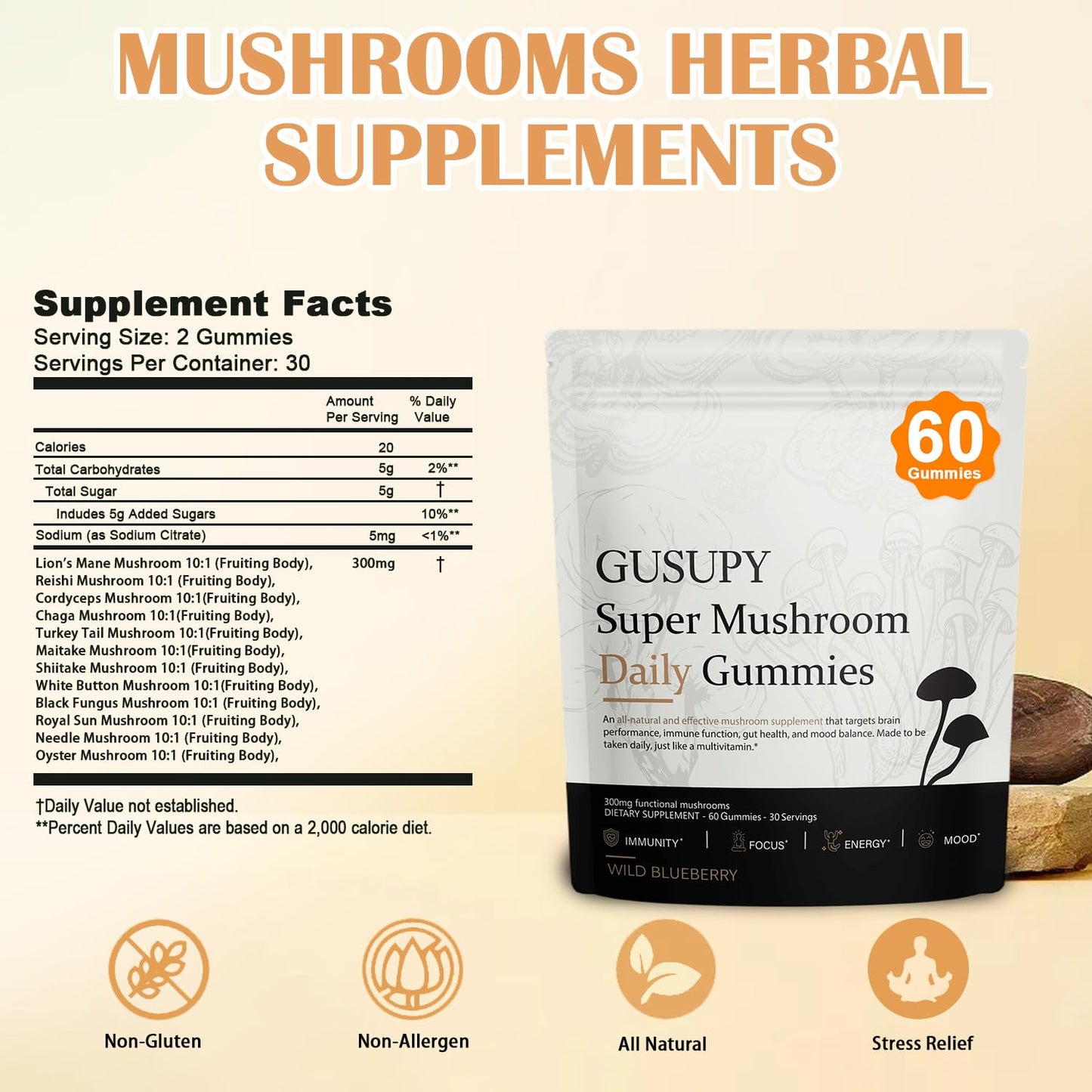 GUSUPY Lions Mane Mushroom Supplement Gummies, 60 Gummies