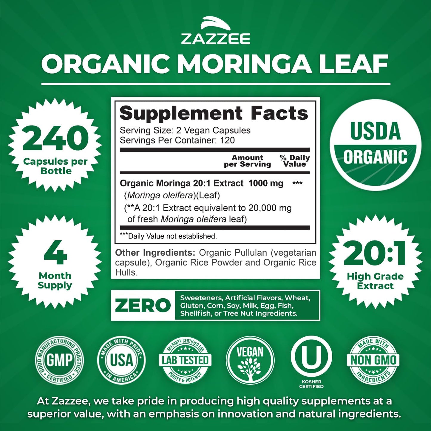 Zazzee USDA Organic Moringa Leaf 20:1 Extract, 1000 mg per serving, 240 Capsules
