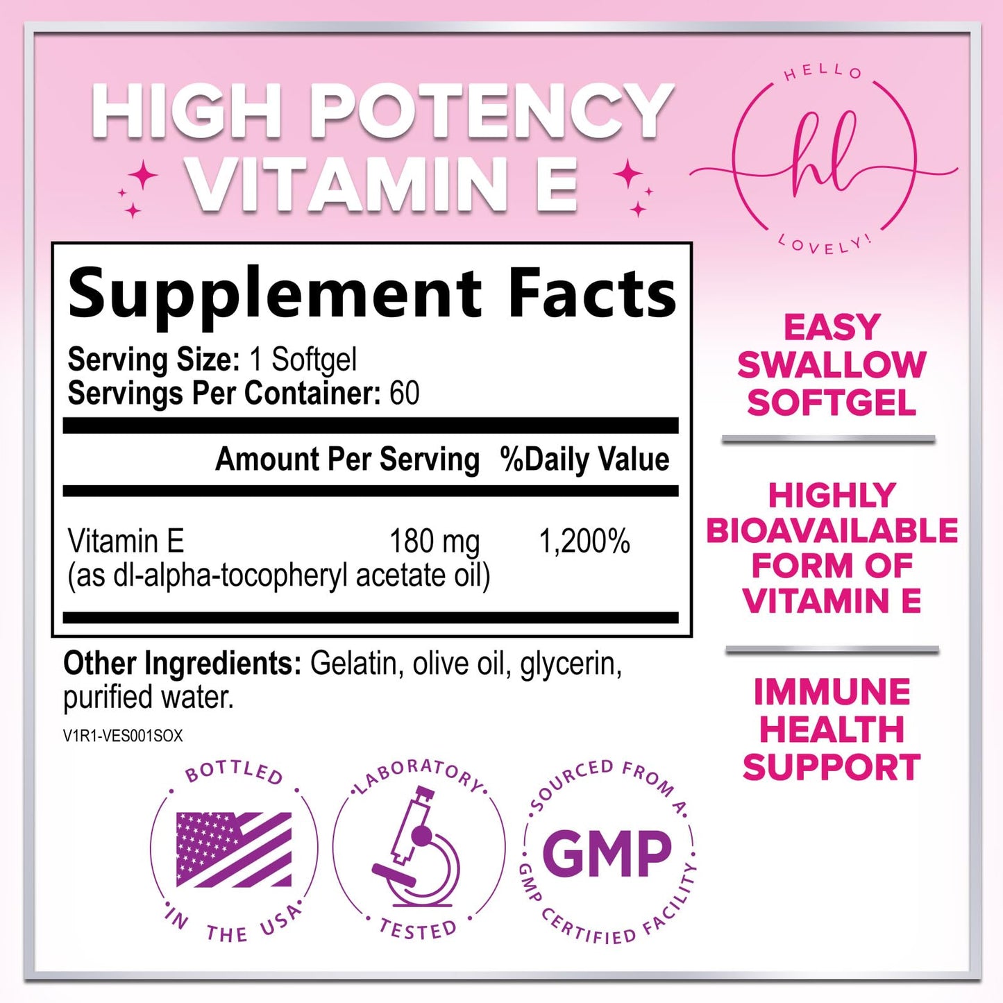 Hello Lovely! Vitamin E 180 mg per Serving dl-Alpha VitaminE Immune Health Support Softgels 60