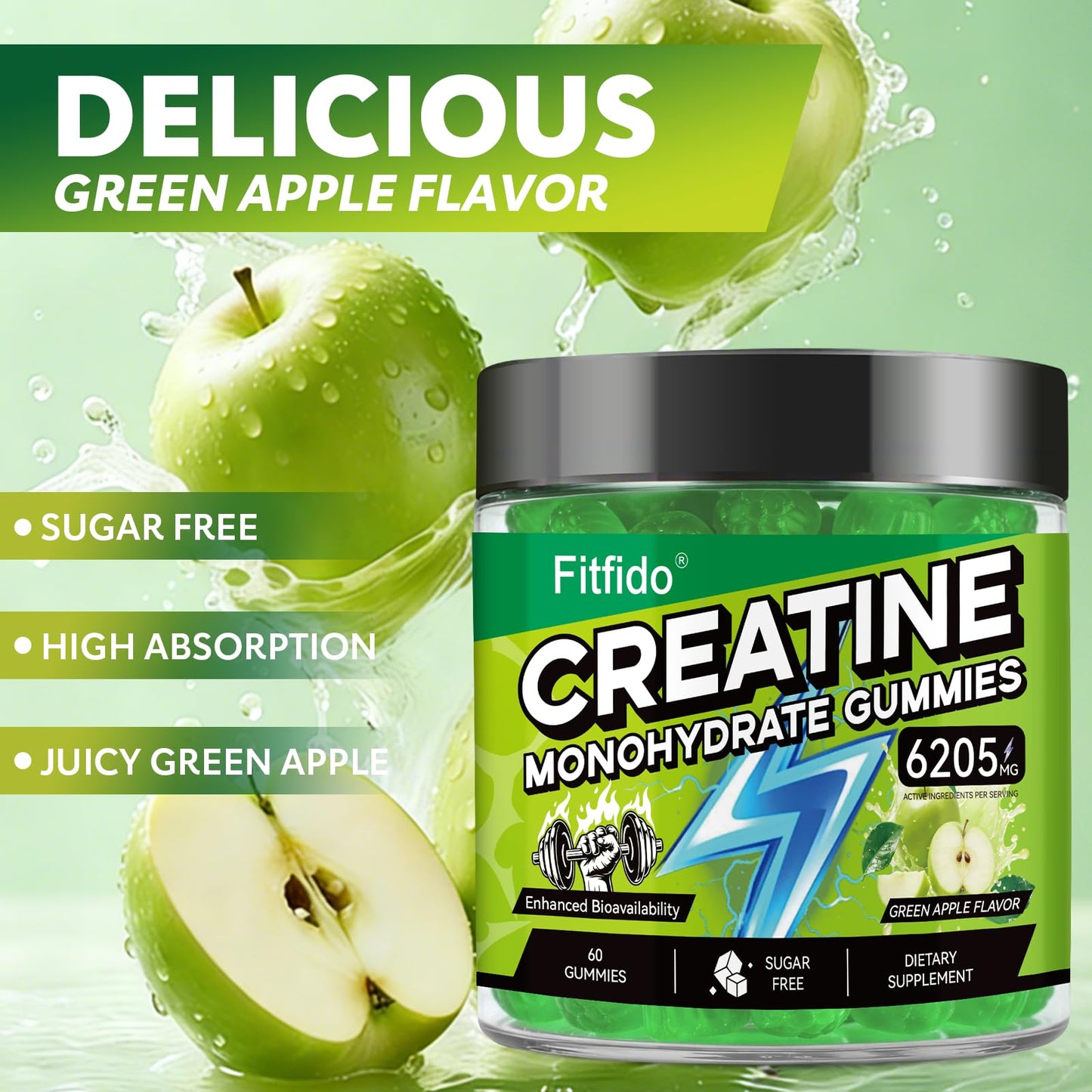 Fitfido Creatine Monohydrate Gummies with L-Carnitine, 60 Count
